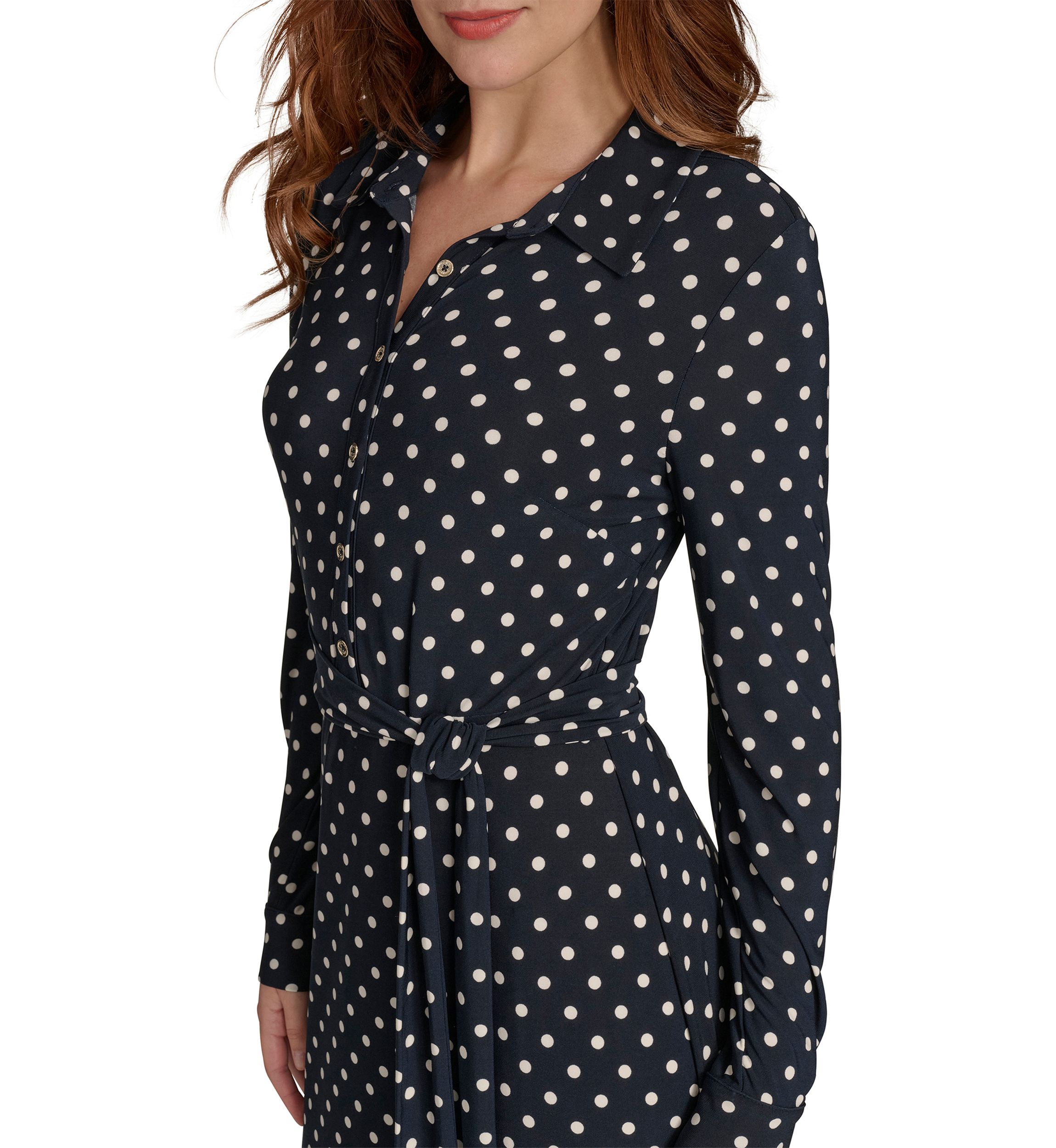 Womens Long Sleeve Self Tie Dot Jersey Shirtdress 
