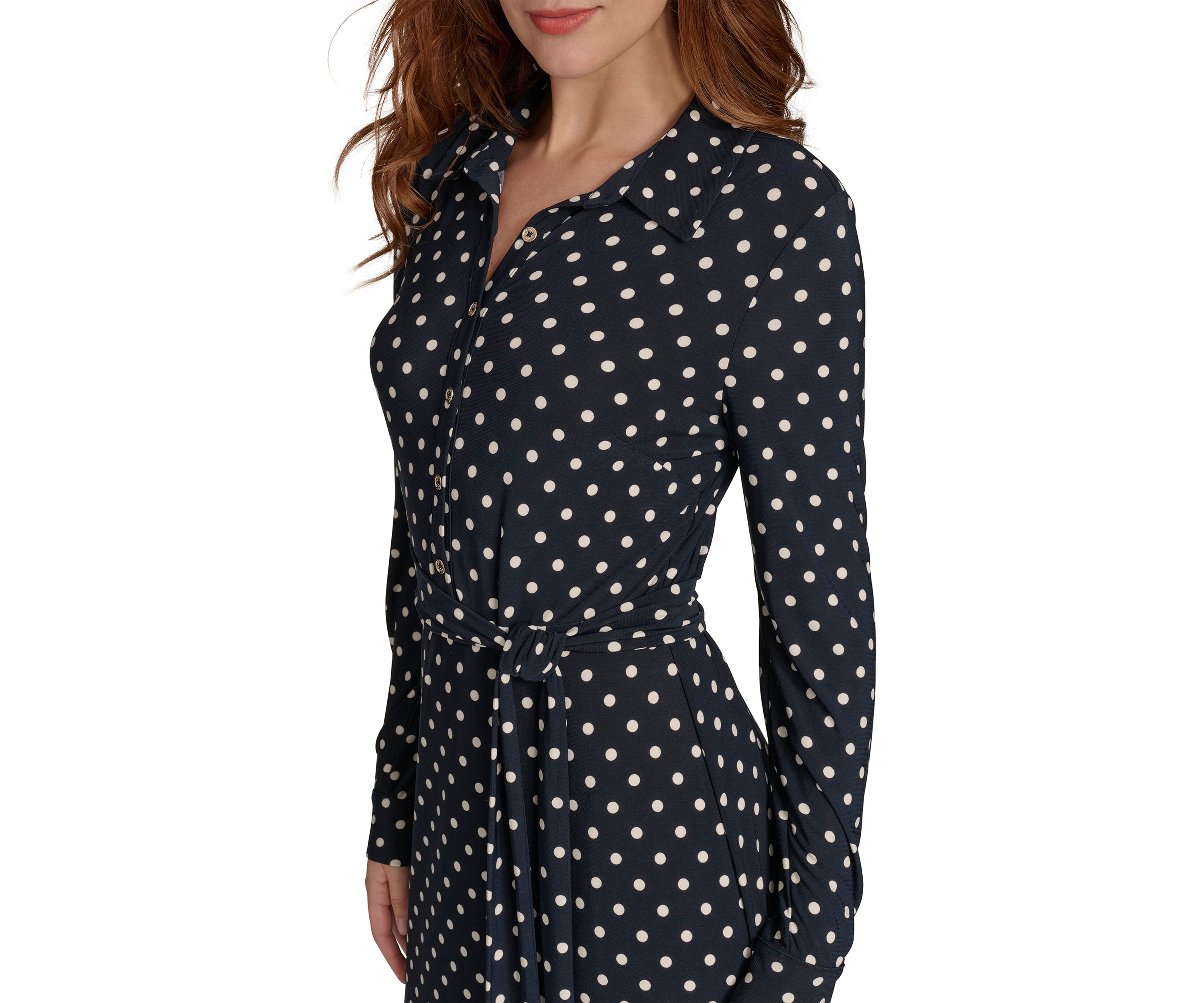 Womens Long Sleeve Self Tie Dot Jersey Shirtdress 