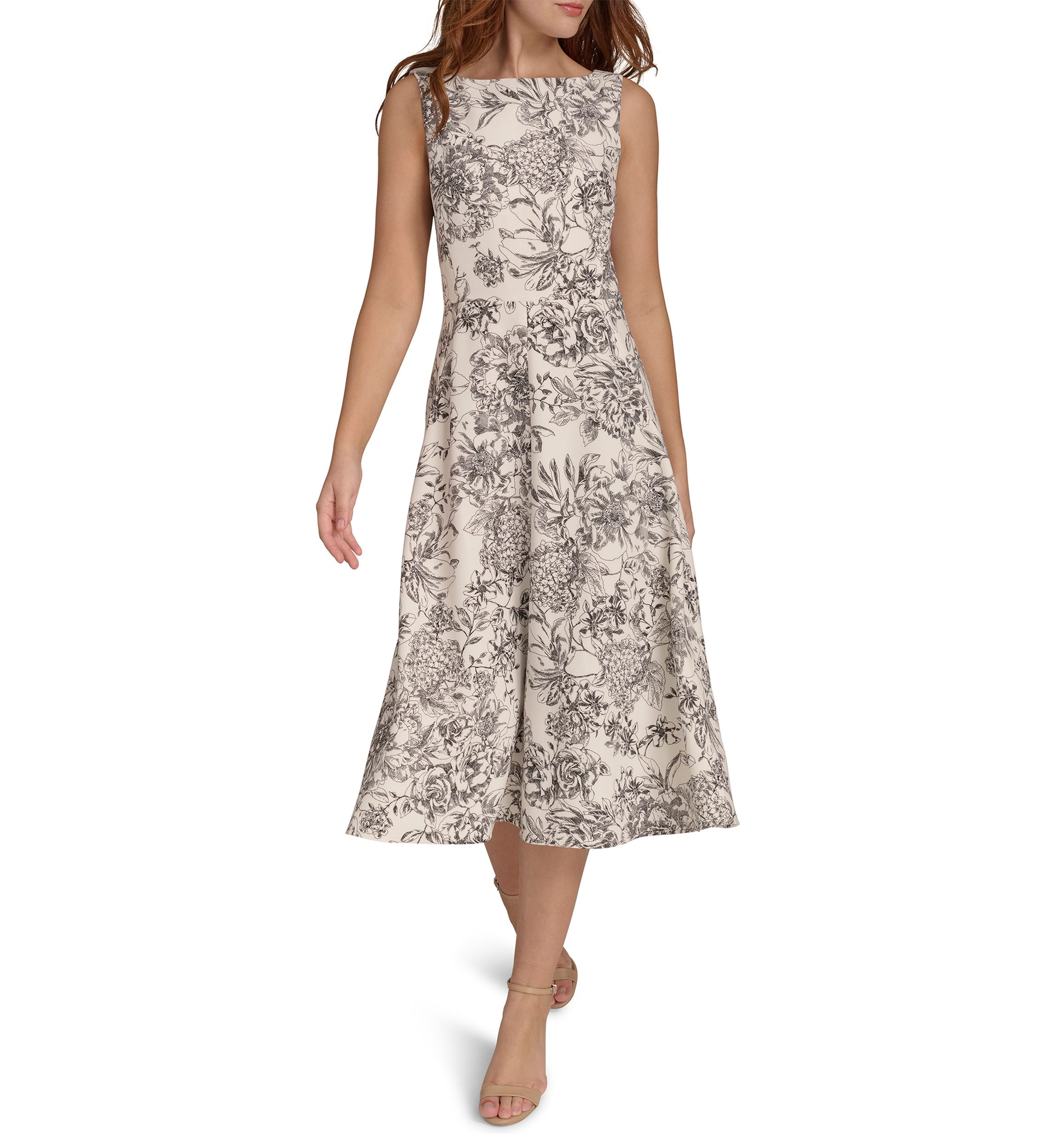 Womens Sleeveless Hydrangea Toile Salon Stretch Fit and Flare Dress