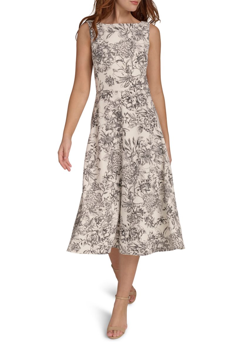 Womens Sleeveless Hydrangea Toile Salon Stretch Fit and Flare Dress