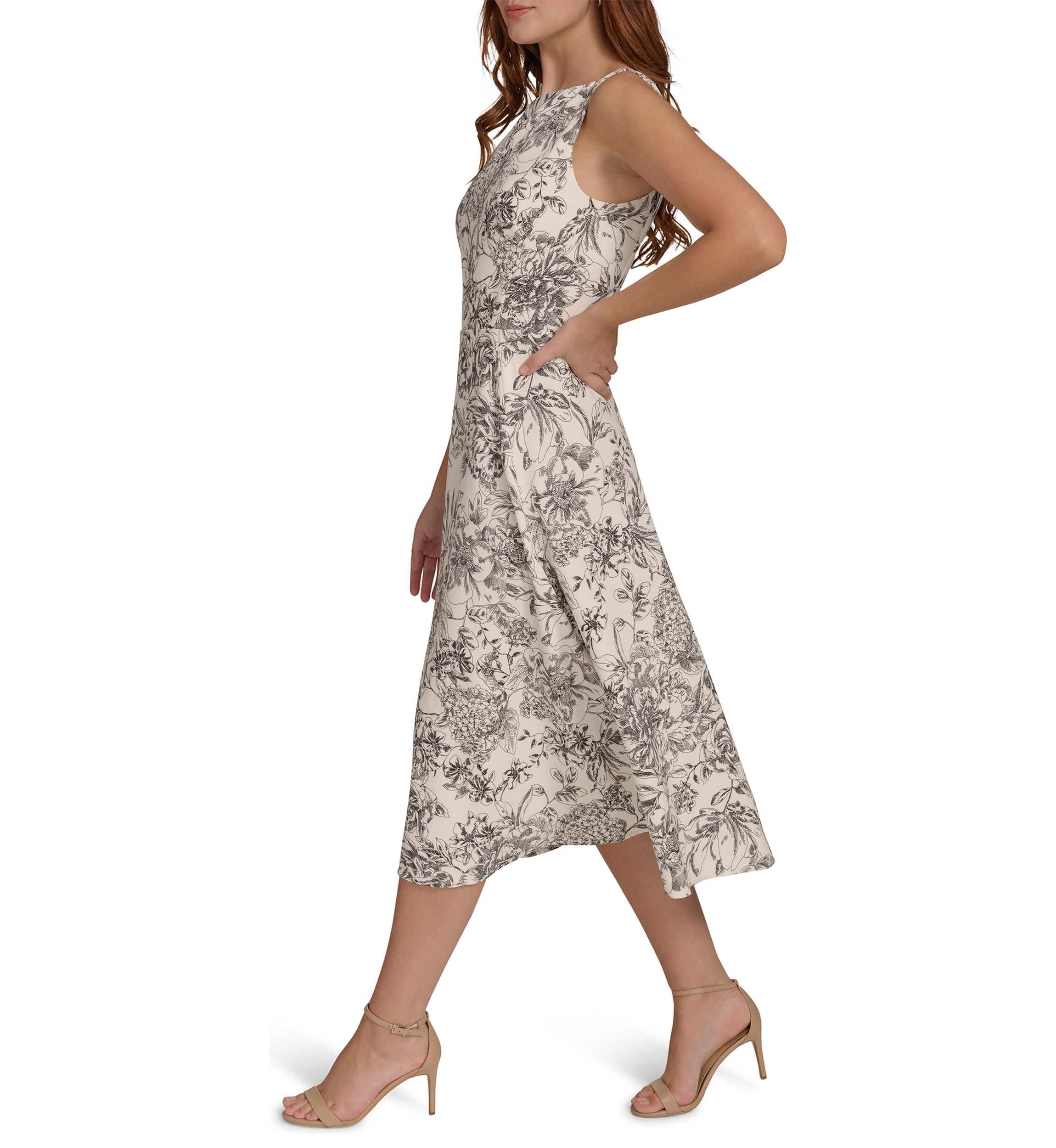 Womens Sleeveless Hydrangea Toile Salon Stretch Fit and Flare Dress