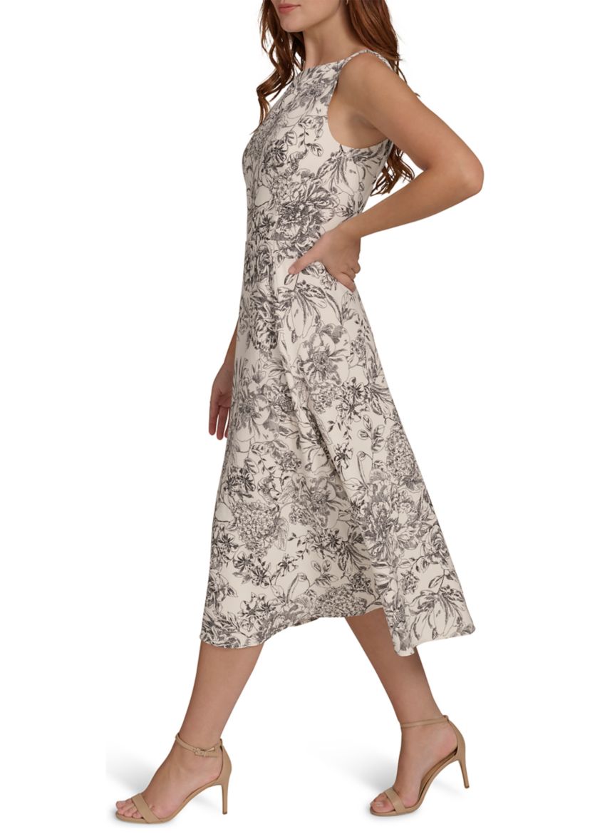 Womens Sleeveless Hydrangea Toile Salon Stretch Fit and Flare Dress
