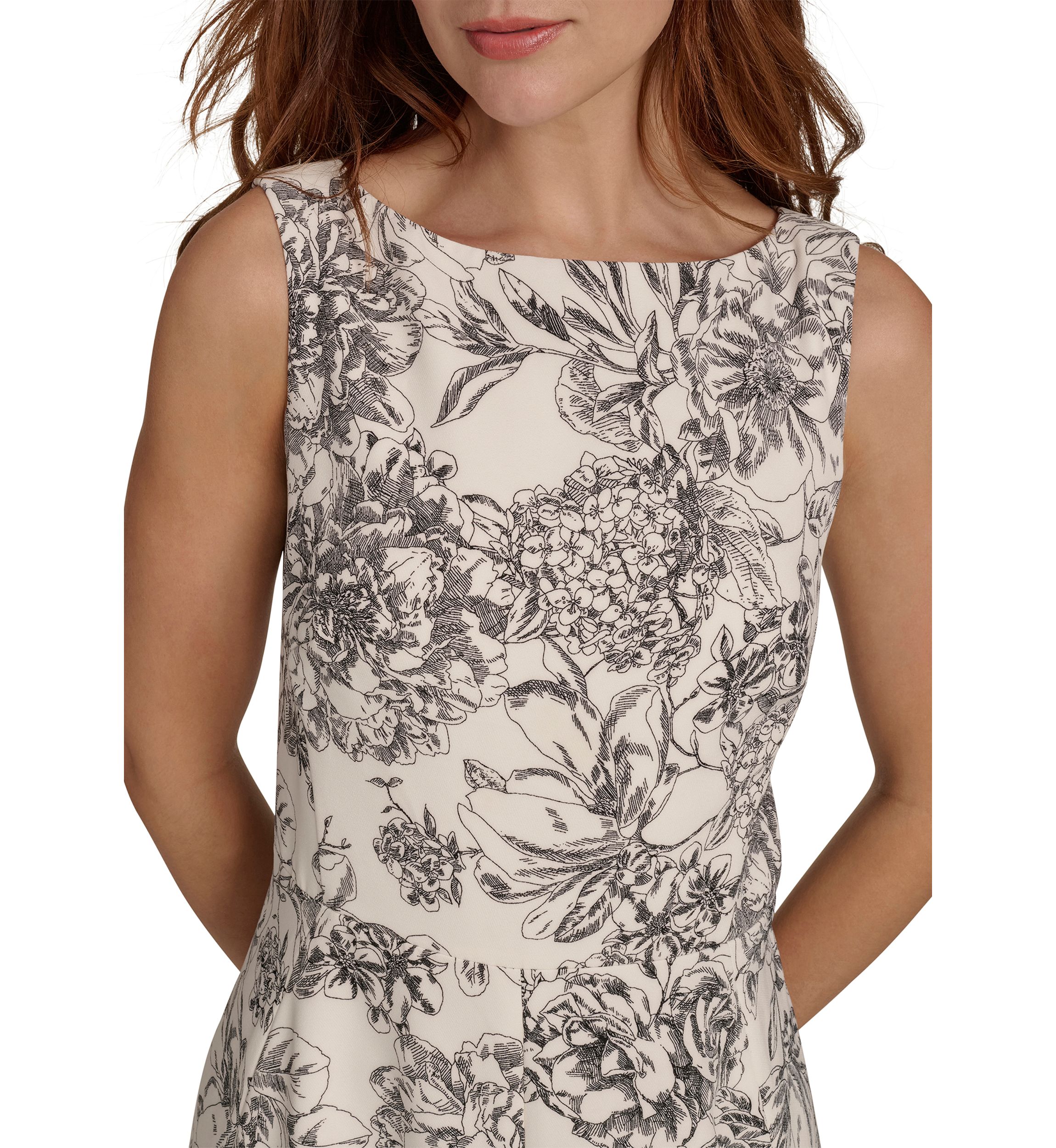 Womens Sleeveless Hydrangea Toile Salon Stretch Fit and Flare Dress