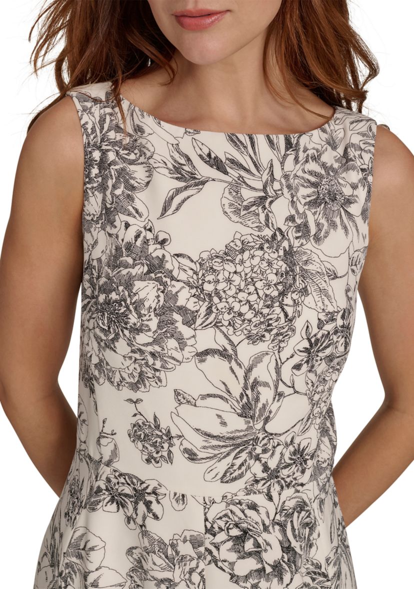 Womens Sleeveless Hydrangea Toile Salon Stretch Fit and Flare Dress