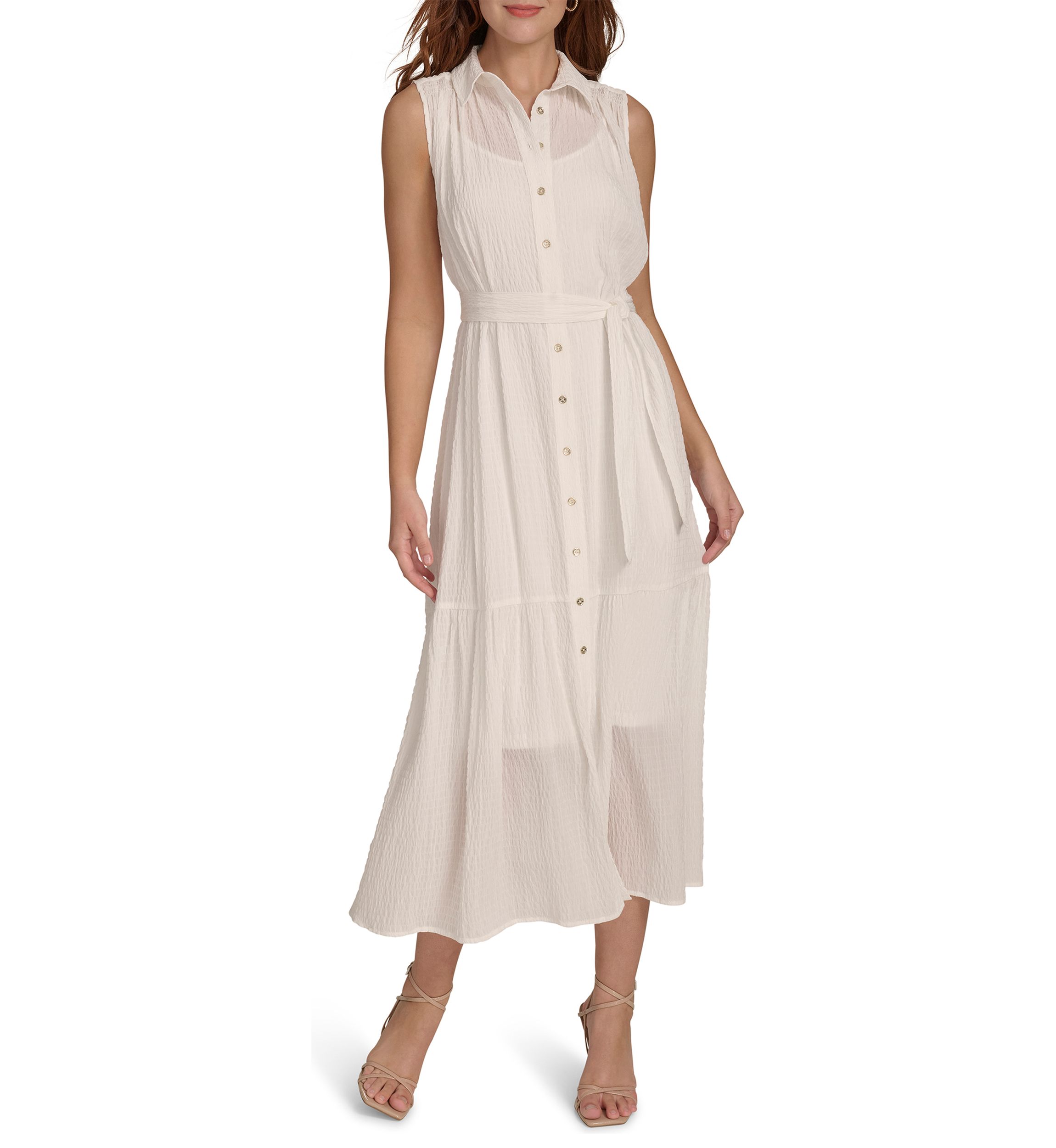 Womens Sleeveless Self Tie Tiered Maxi Shirtdress