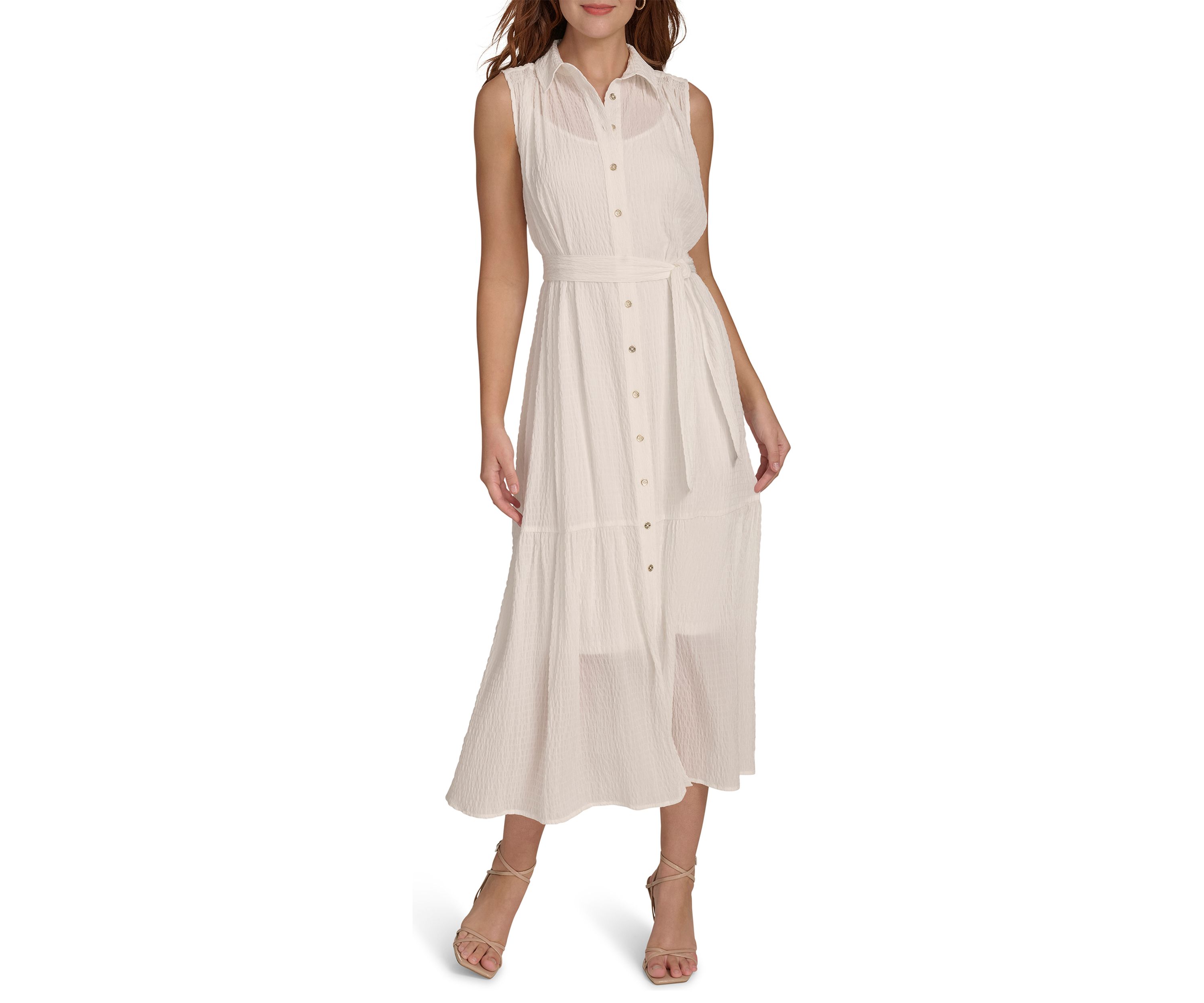 Womens Sleeveless Self Tie Tiered Maxi Shirtdress
