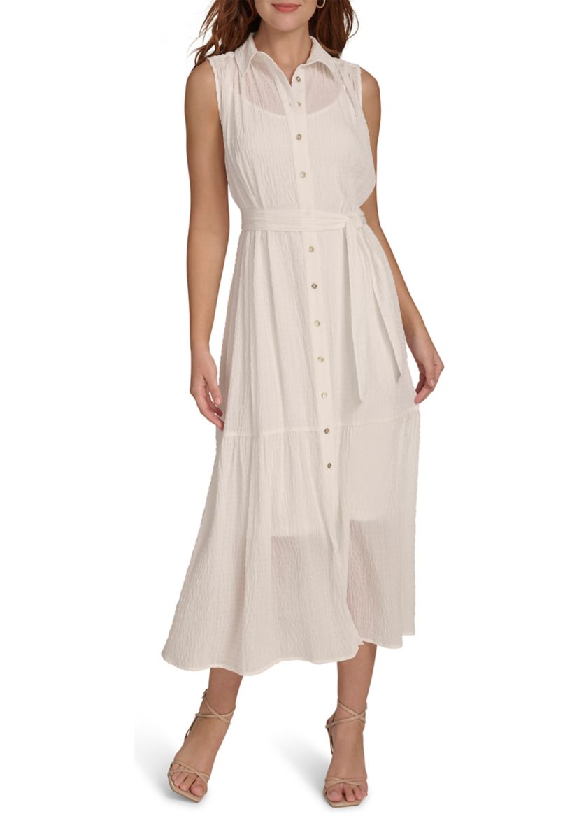 Womens Sleeveless Self Tie Tiered Maxi Shirtdress