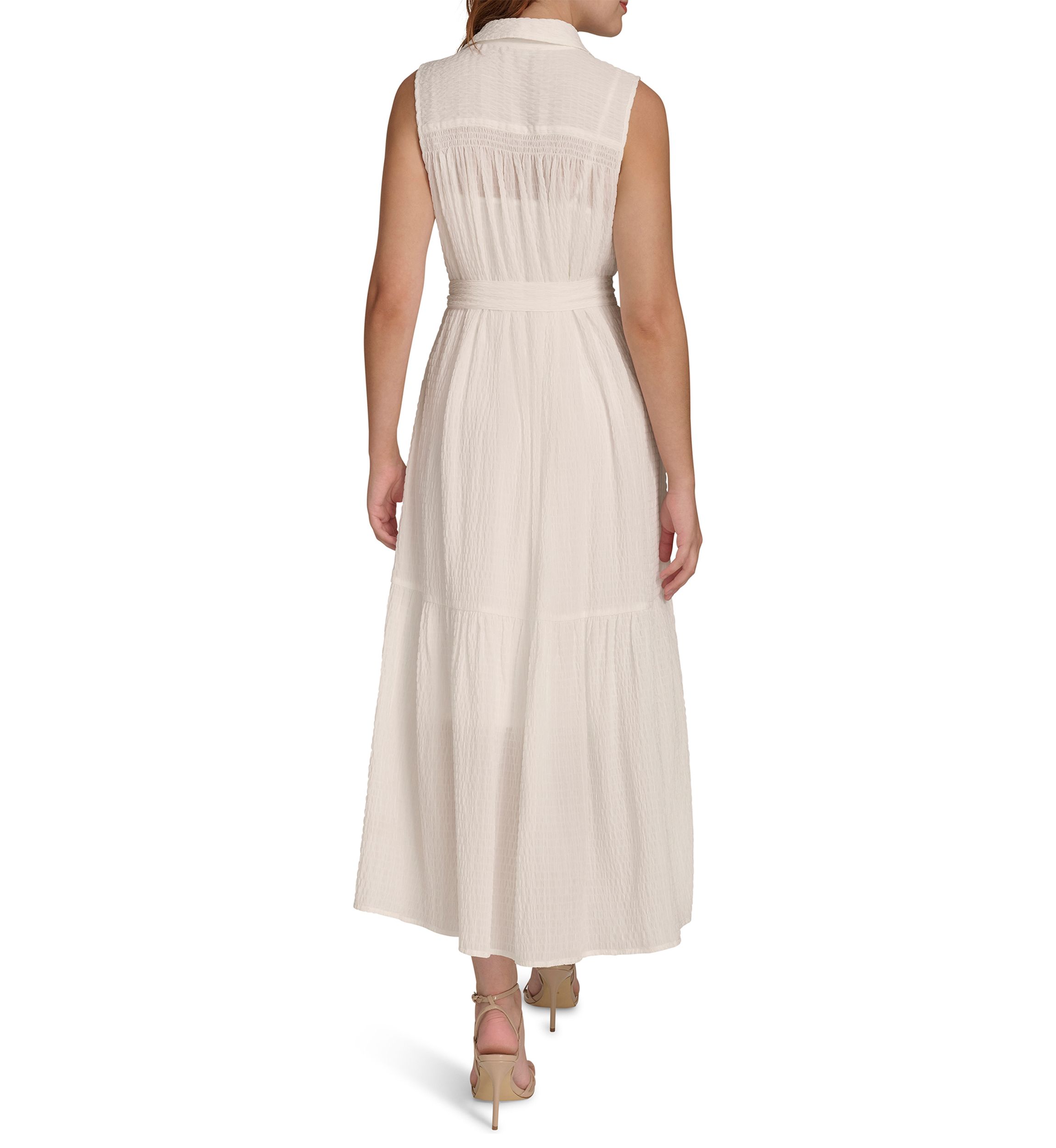 Womens Sleeveless Self Tie Tiered Maxi Shirtdress