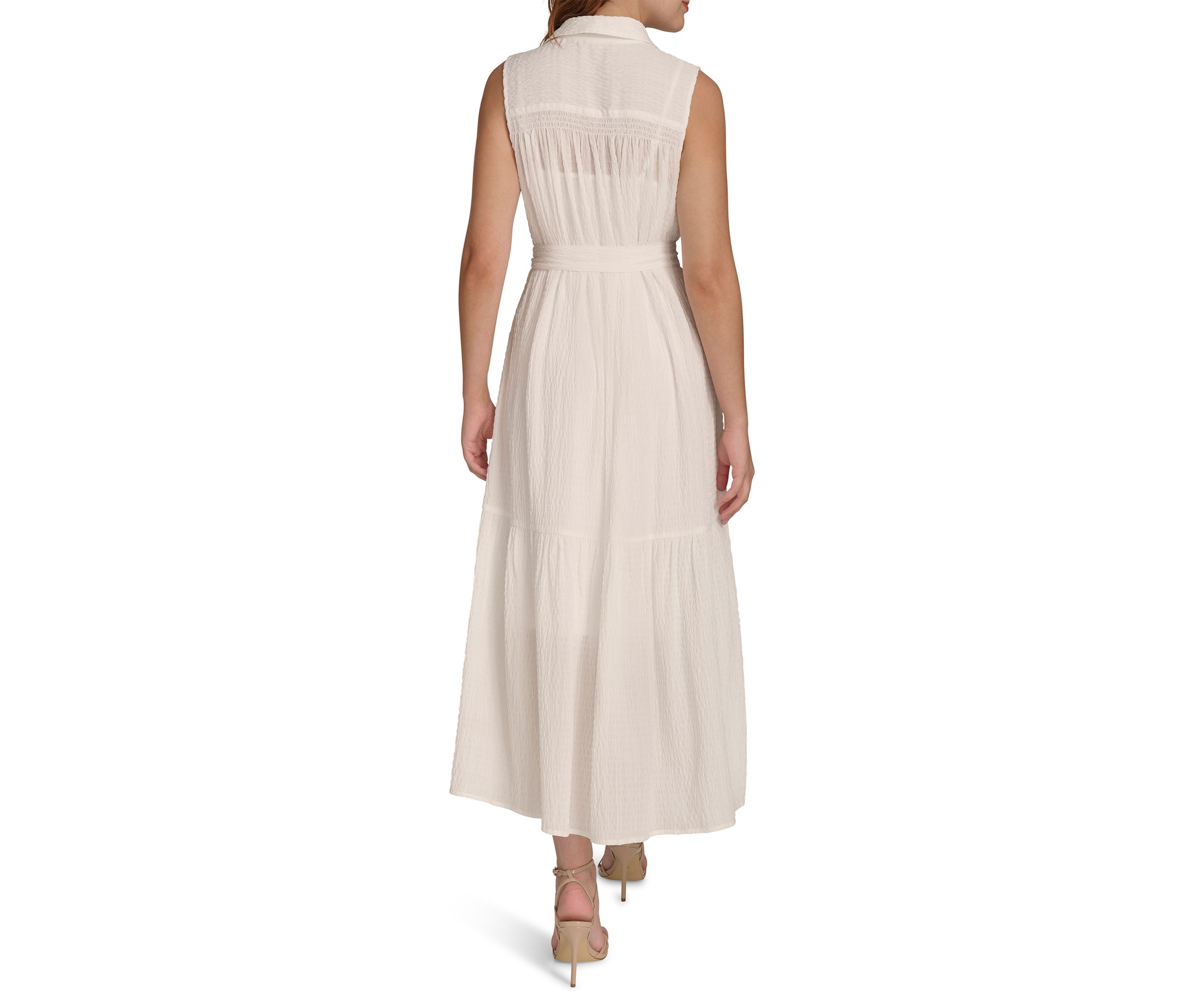 Womens Sleeveless Self Tie Tiered Maxi Shirtdress