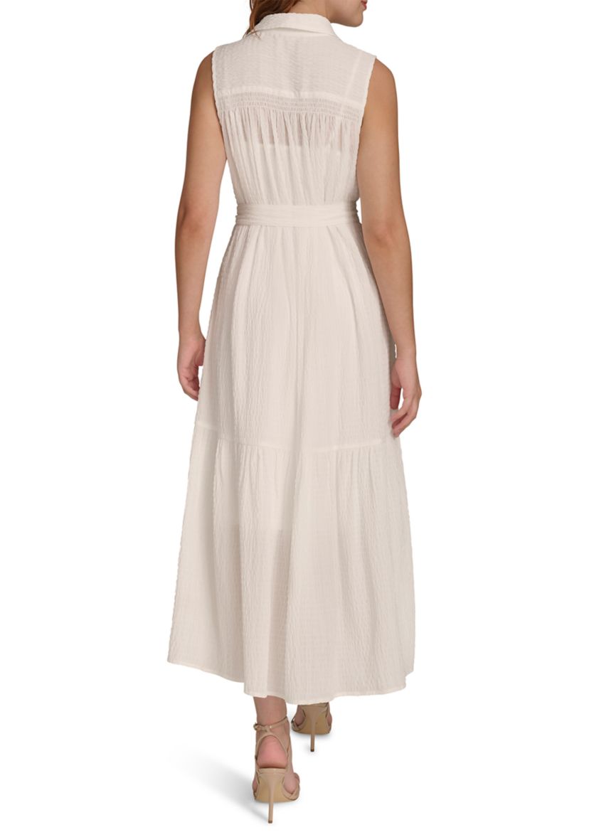 Womens Sleeveless Self Tie Tiered Maxi Shirtdress