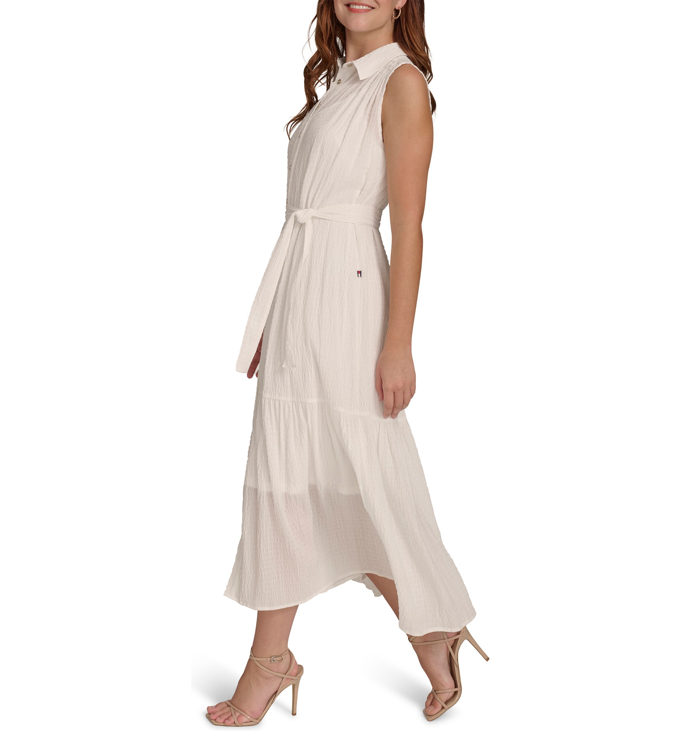 Womens Sleeveless Self Tie Tiered Maxi Shirtdress