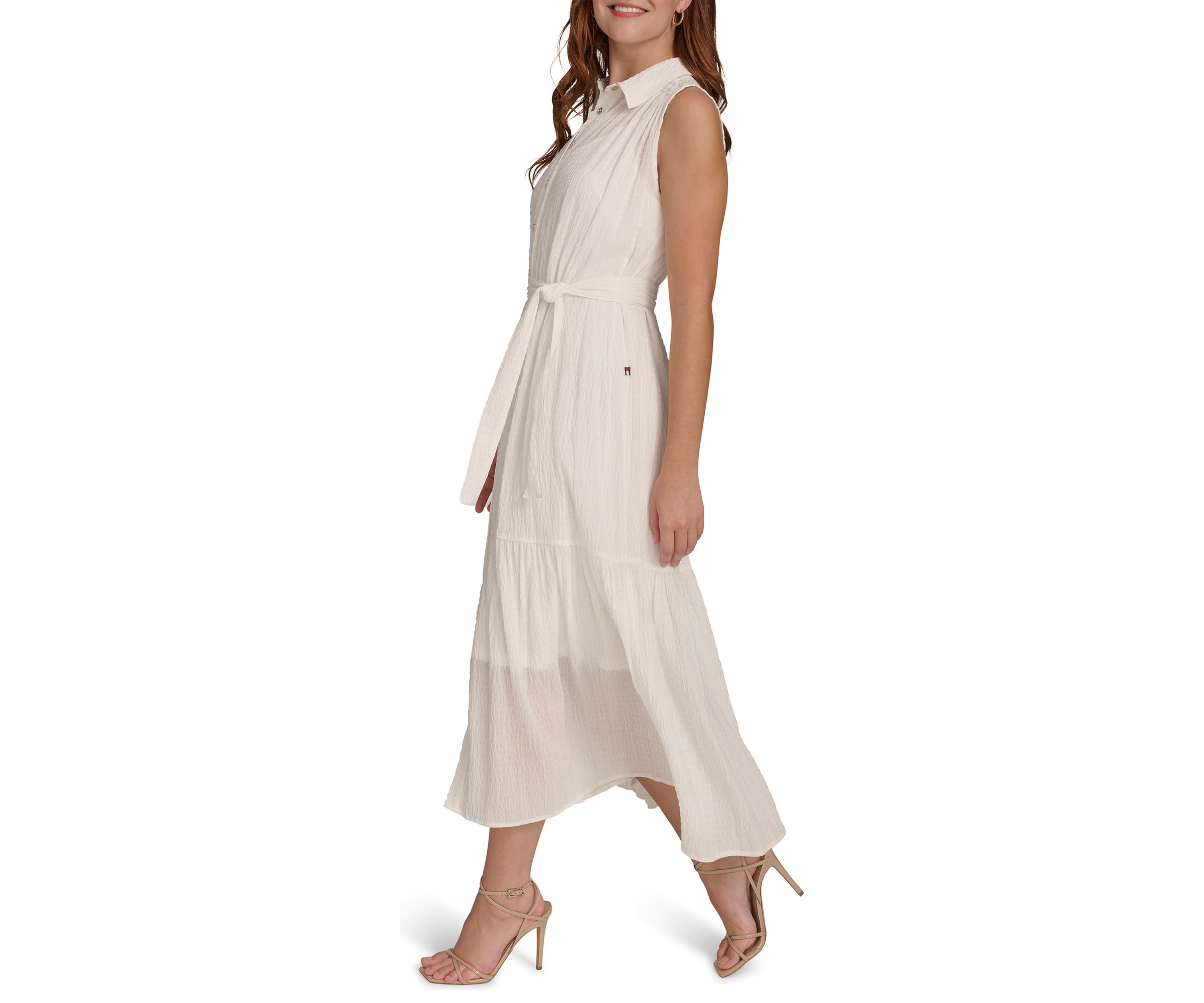 Womens Sleeveless Self Tie Tiered Maxi Shirtdress