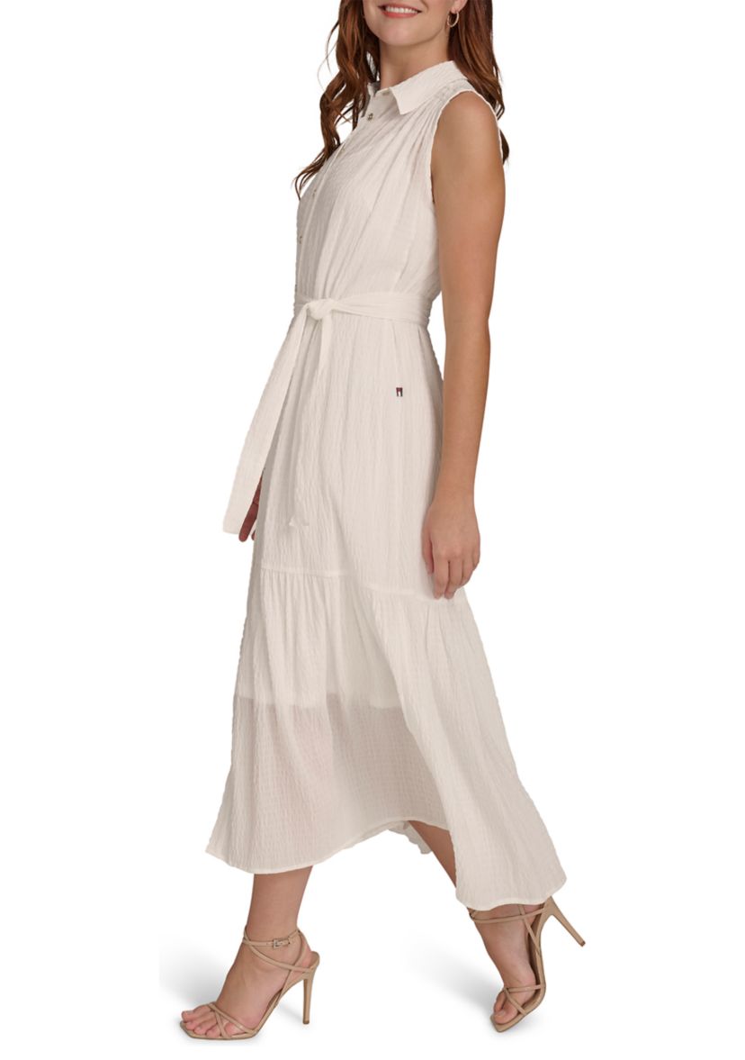 Womens Sleeveless Self Tie Tiered Maxi Shirtdress