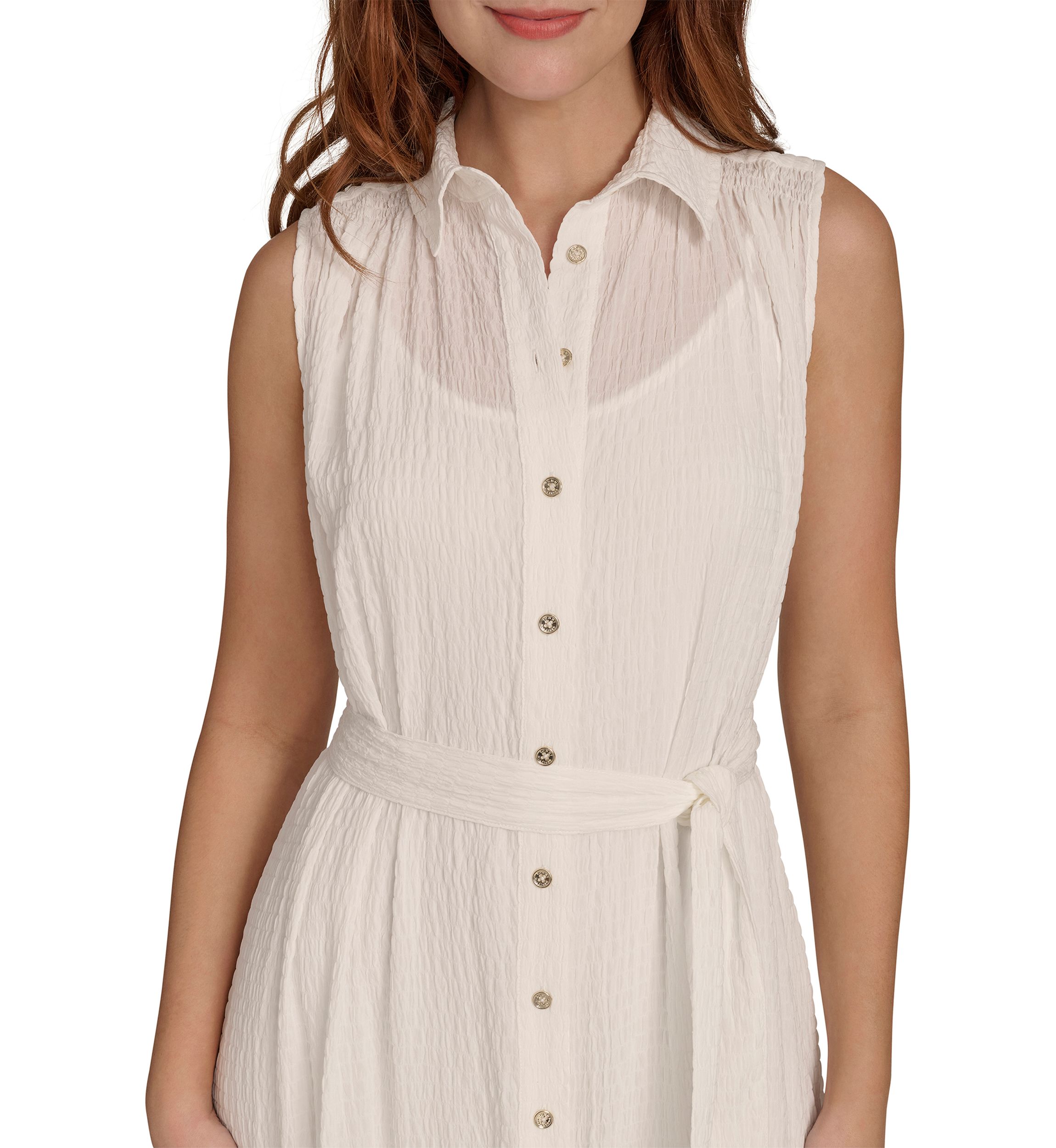 Womens Sleeveless Self Tie Tiered Maxi Shirtdress