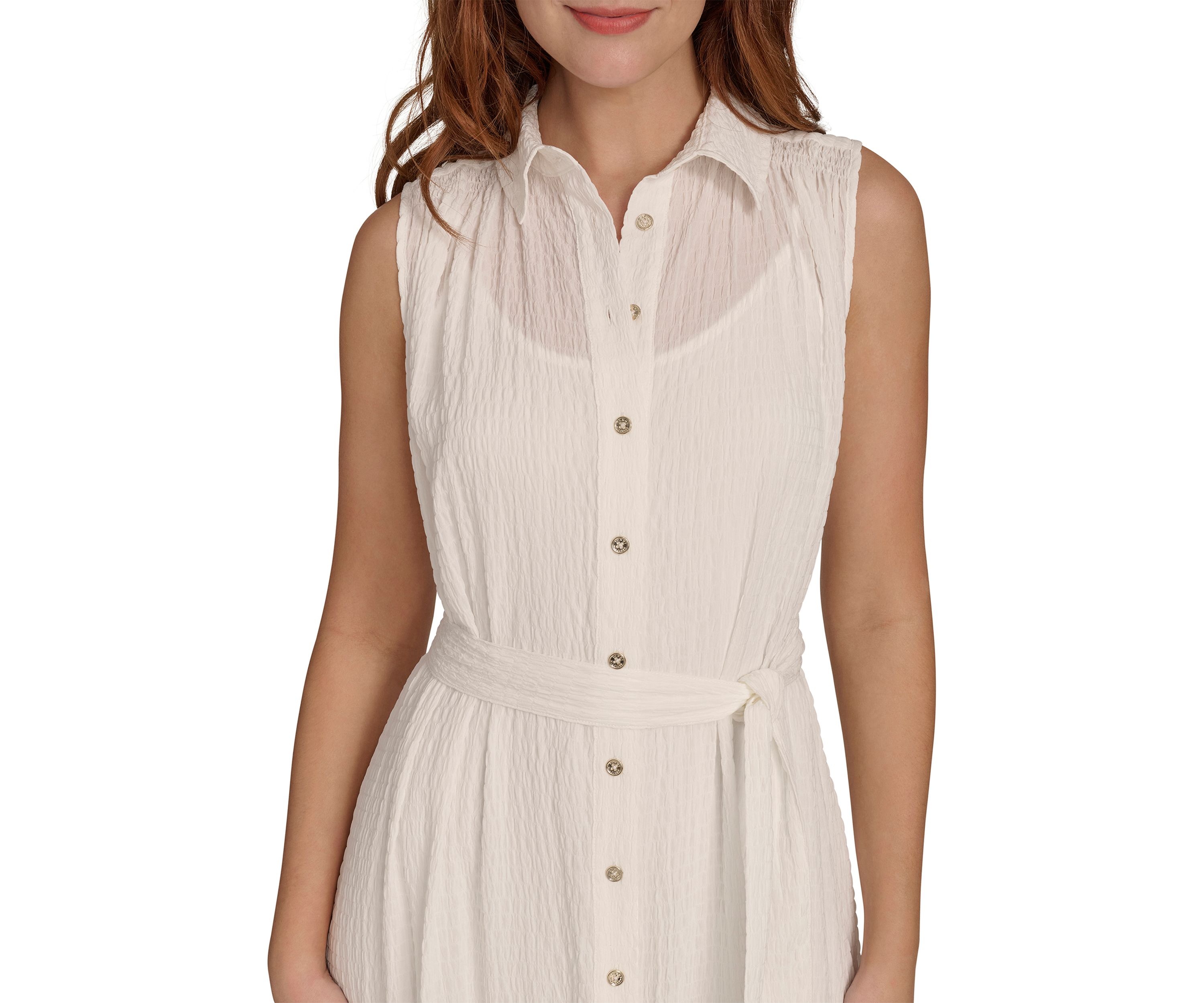 Womens Sleeveless Self Tie Tiered Maxi Shirtdress