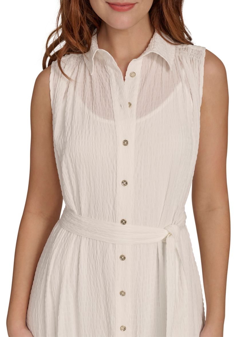 Womens Sleeveless Self Tie Tiered Maxi Shirtdress