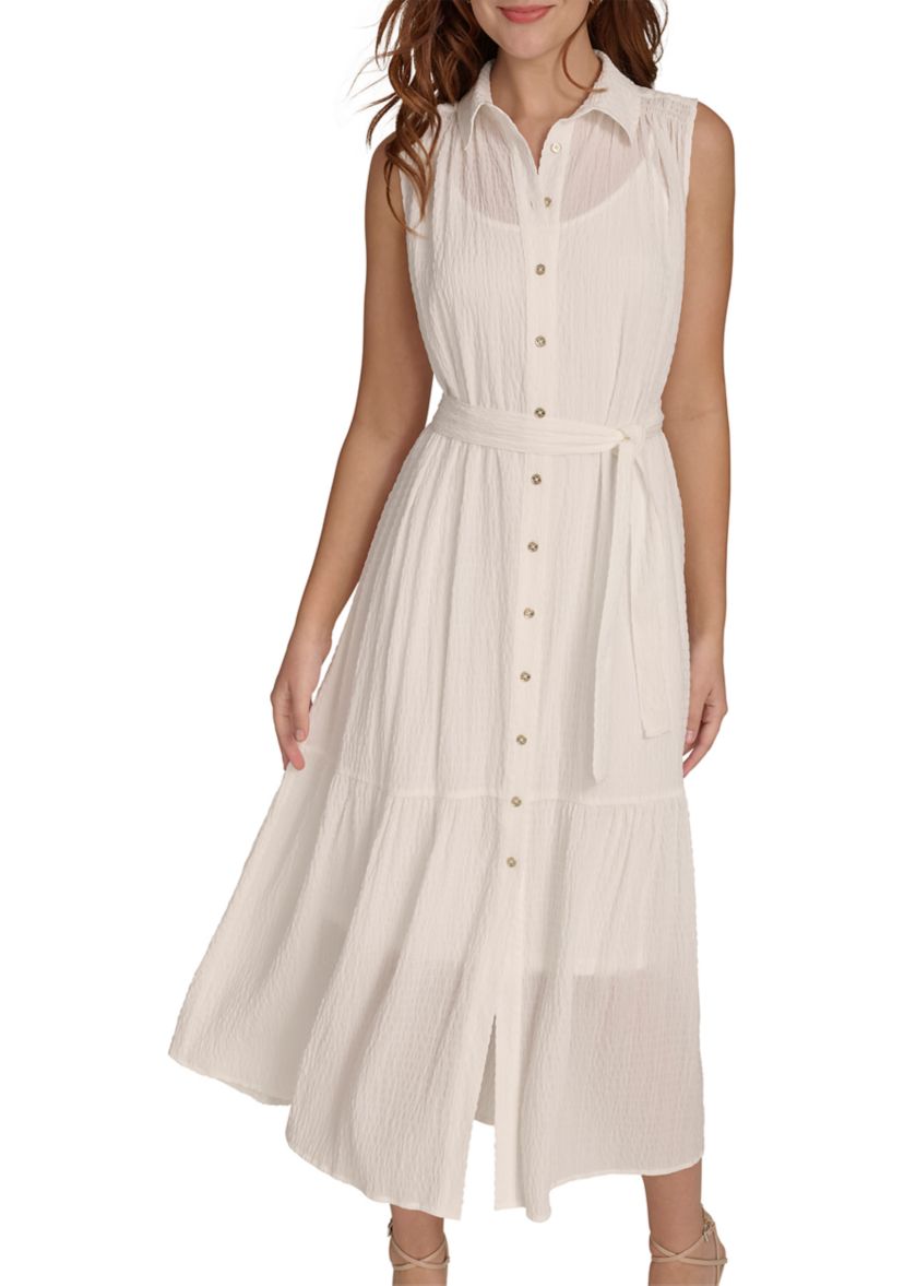Womens Sleeveless Self Tie Tiered Maxi Shirtdress