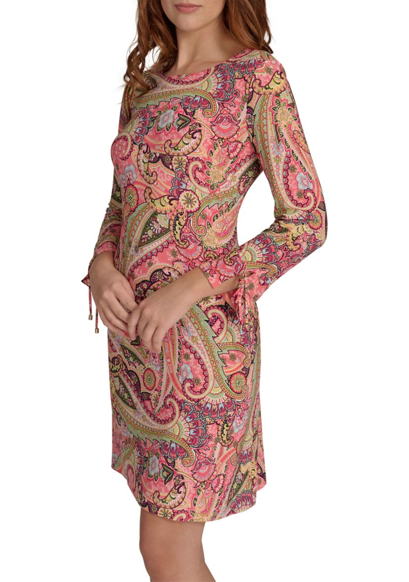 Womens 3/4 Tie Sleeve Paisley Jersey Shift Dress 