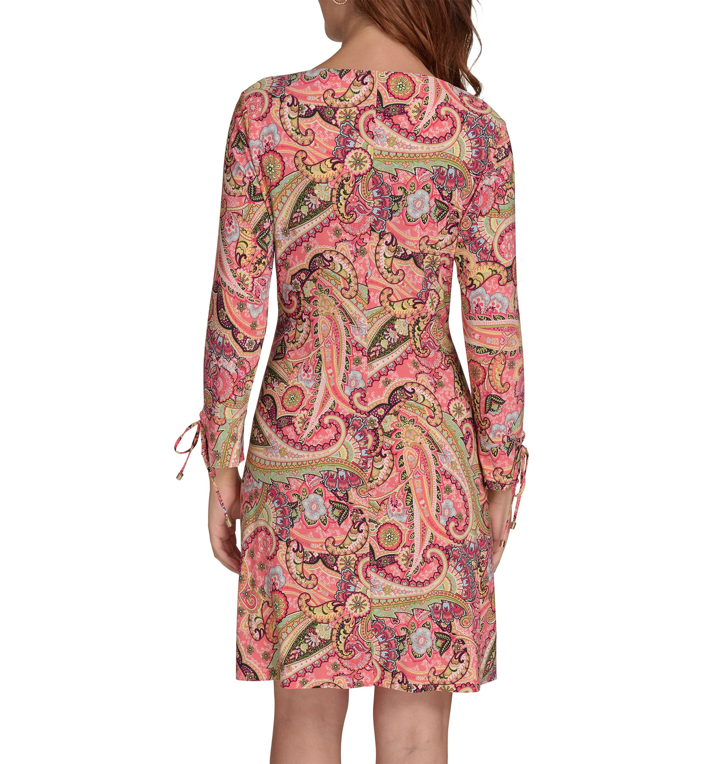 Womens 3/4 Tie Sleeve Paisley Jersey Shift Dress 