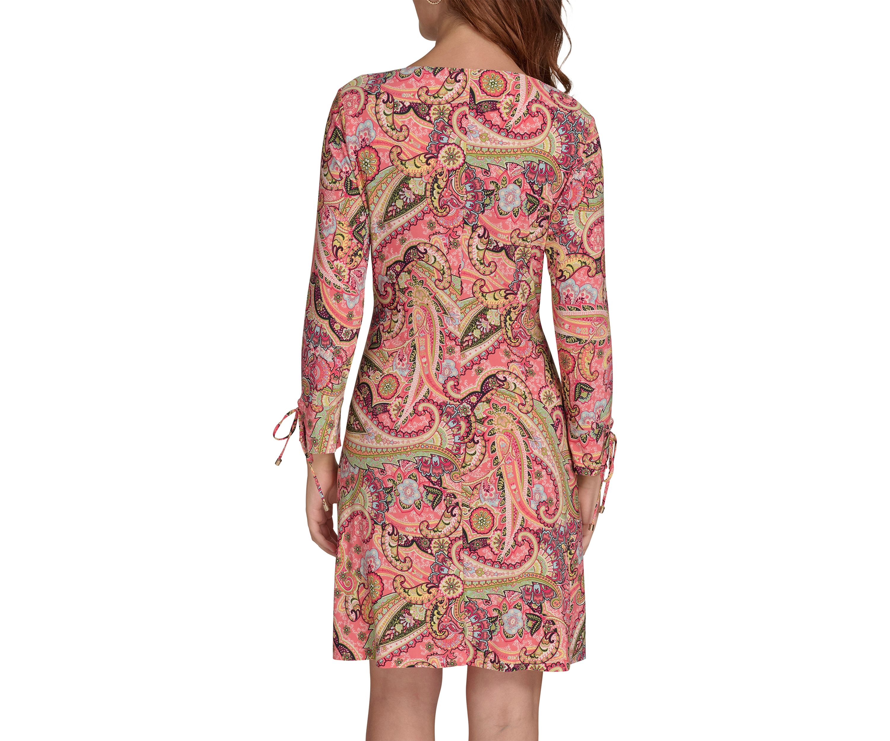 Womens 3/4 Tie Sleeve Paisley Jersey Shift Dress 