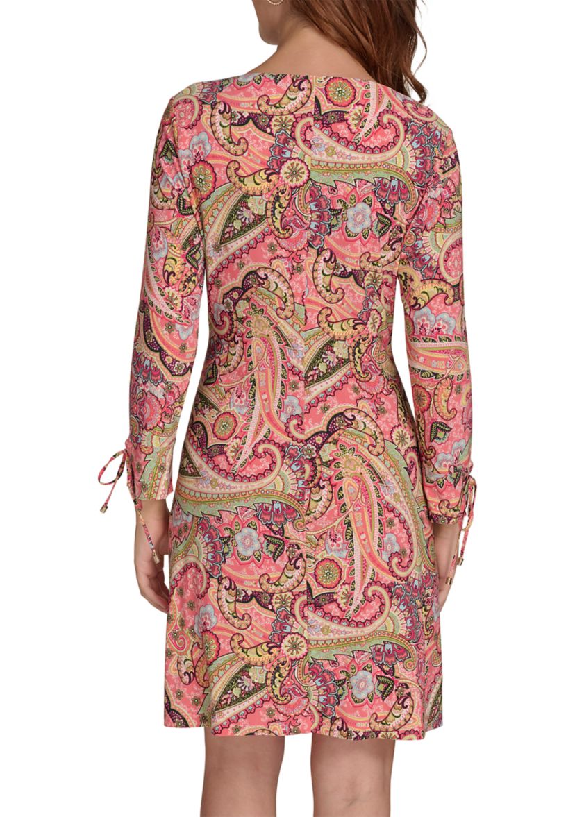 Womens 3/4 Tie Sleeve Paisley Jersey Shift Dress 