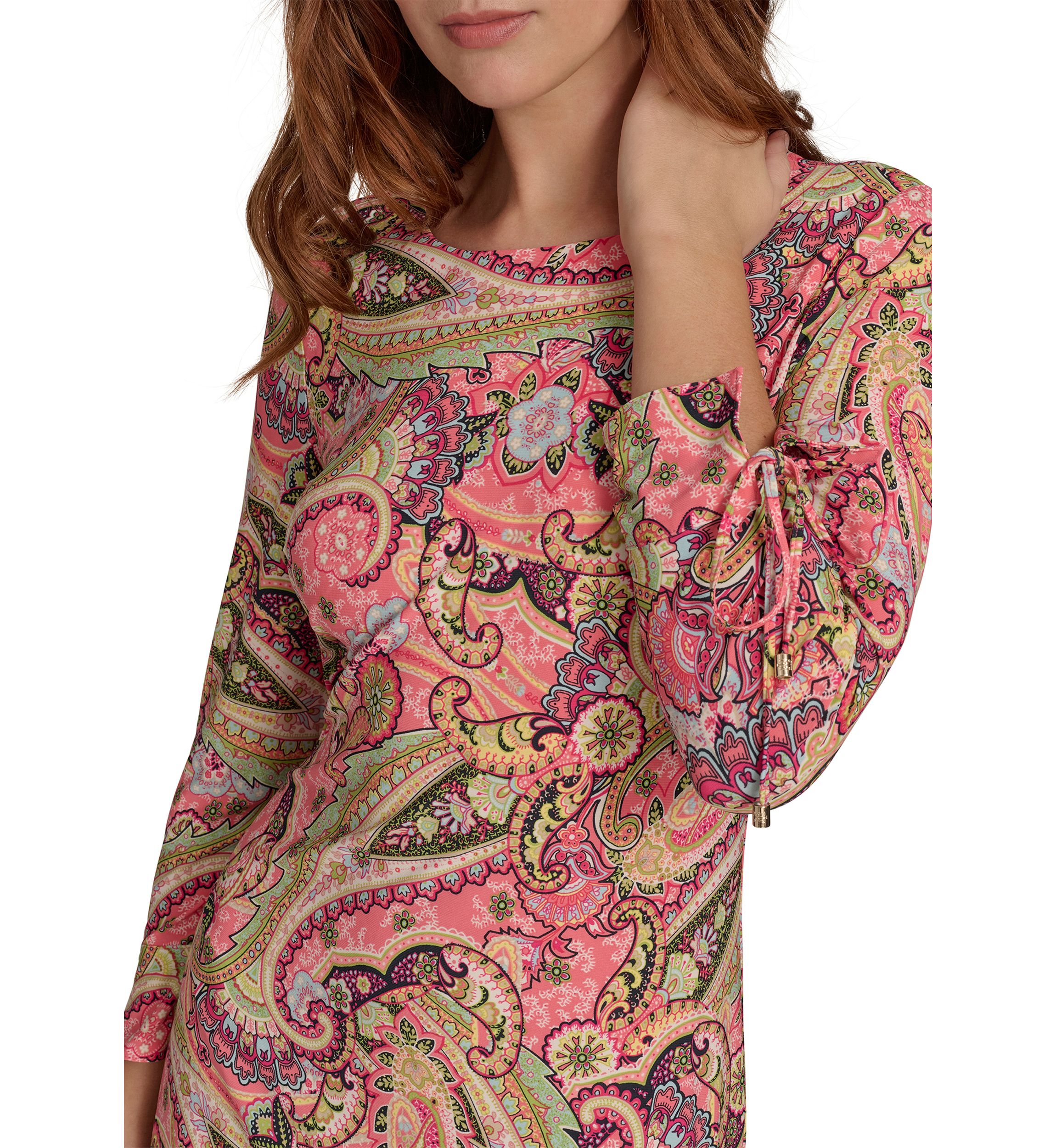 Womens 3/4 Tie Sleeve Paisley Jersey Shift Dress 