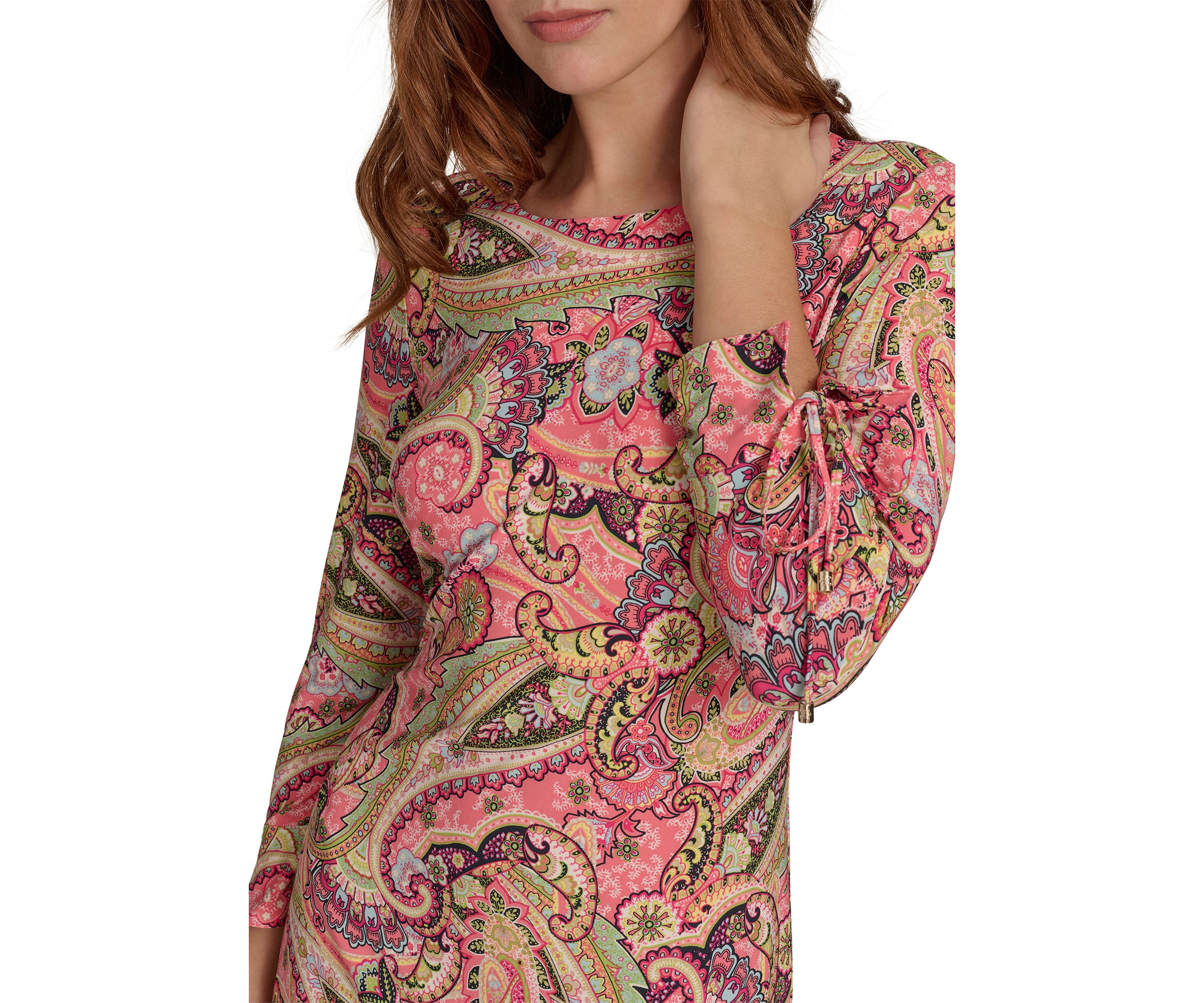 Womens 3/4 Tie Sleeve Paisley Jersey Shift Dress 
