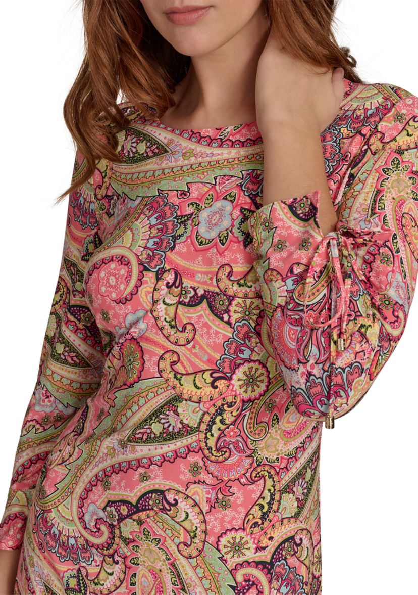 Womens 3/4 Tie Sleeve Paisley Jersey Shift Dress 