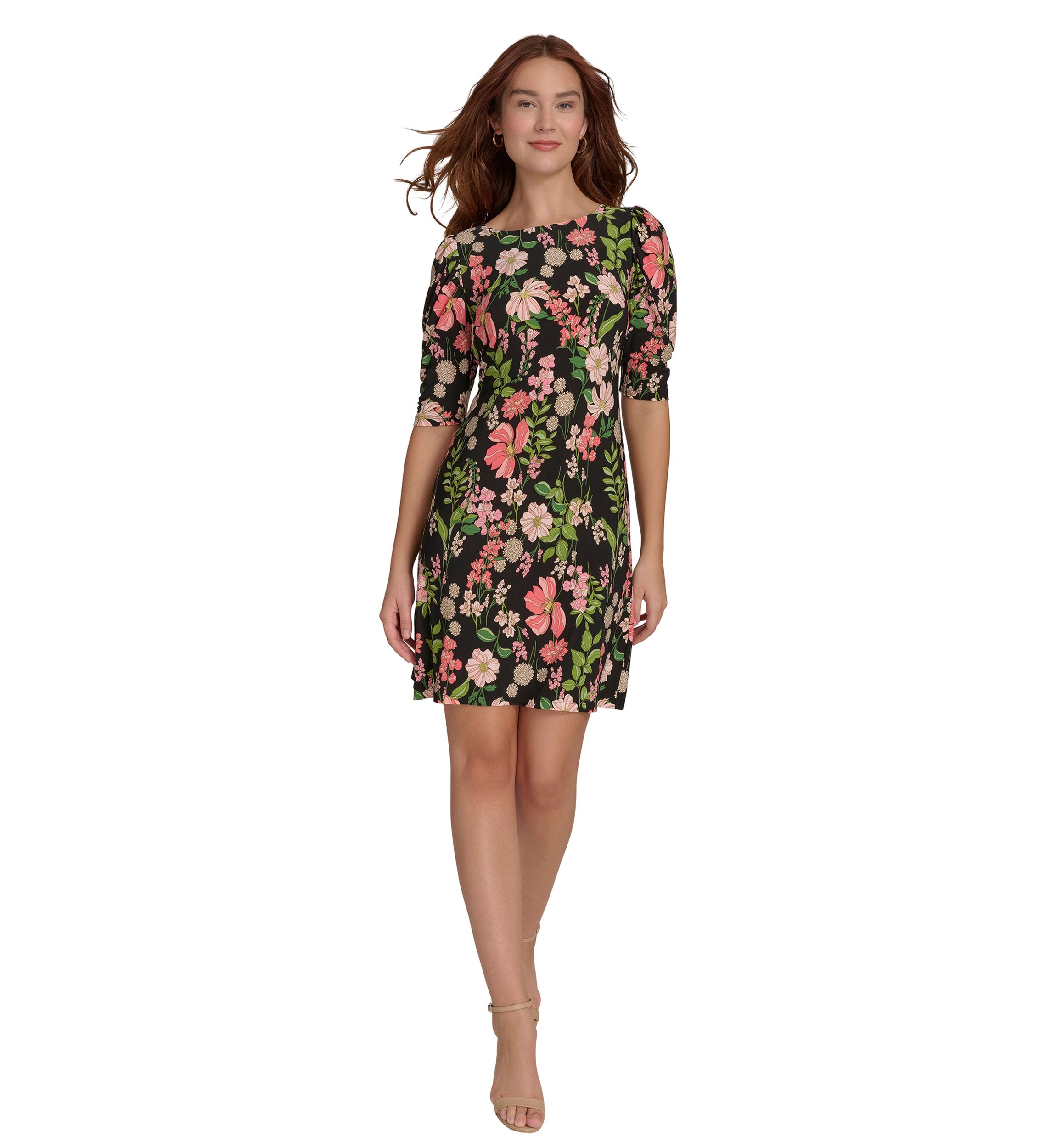Womens Short Ruched Sleeve Floral Printed Jersey Shift Dress