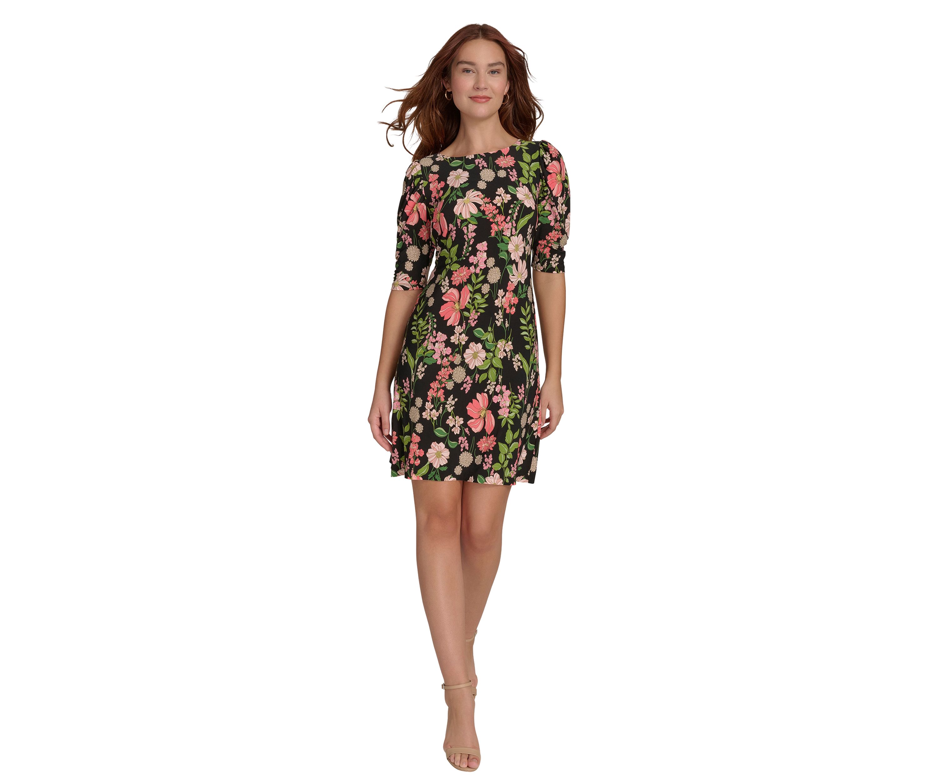 Womens Short Ruched Sleeve Floral Printed Jersey Shift Dress