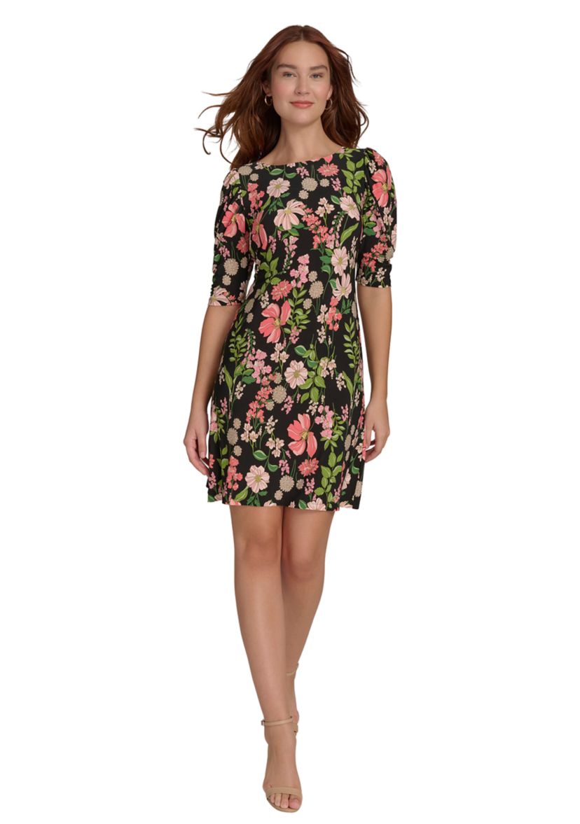 Womens Short Ruched Sleeve Floral Printed Jersey Shift Dress
