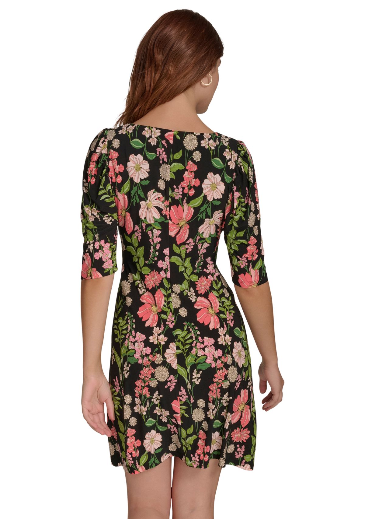 Womens Short Ruched Sleeve Floral Printed Jersey Shift Dress