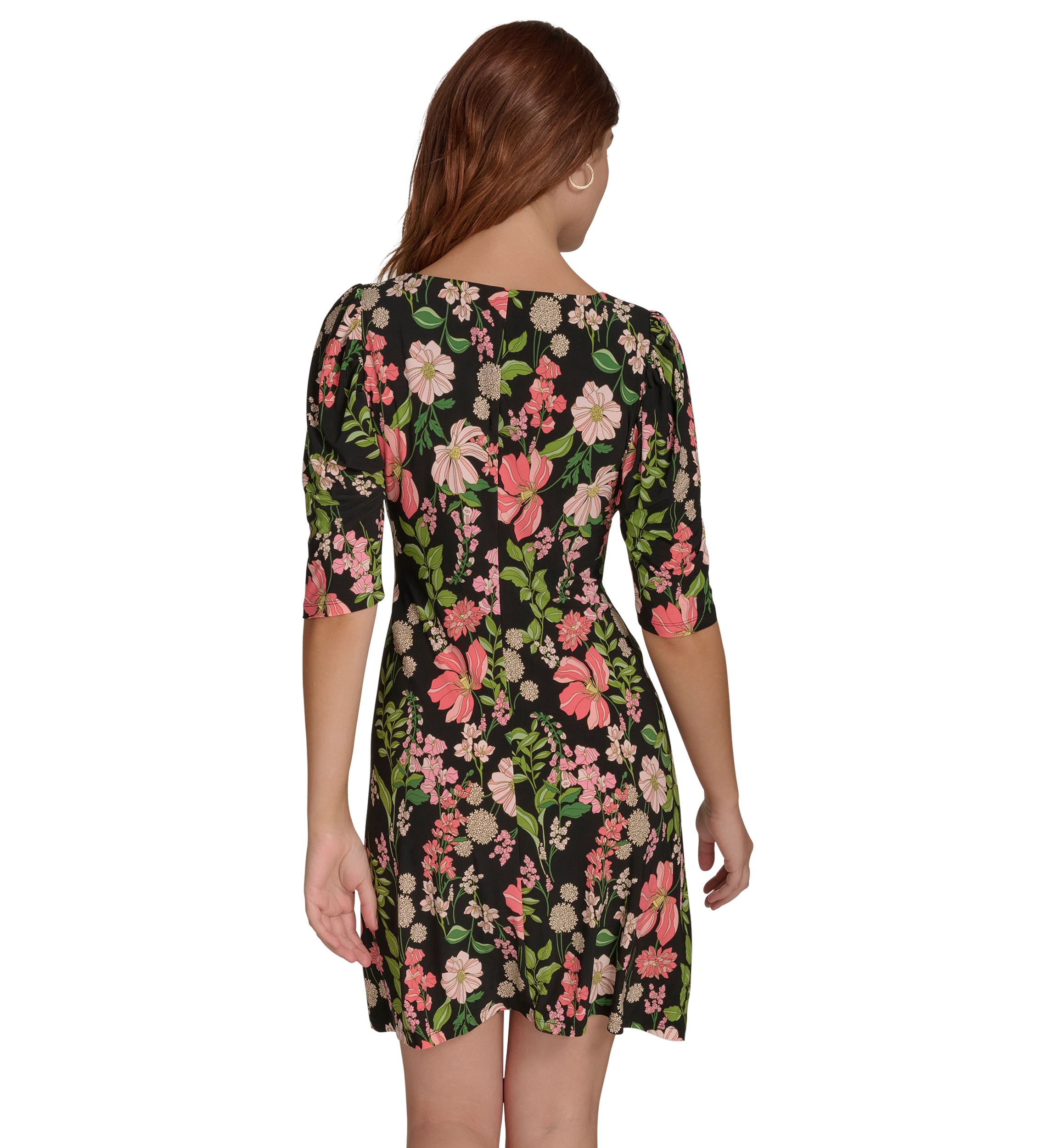 Womens Short Ruched Sleeve Floral Printed Jersey Shift Dress