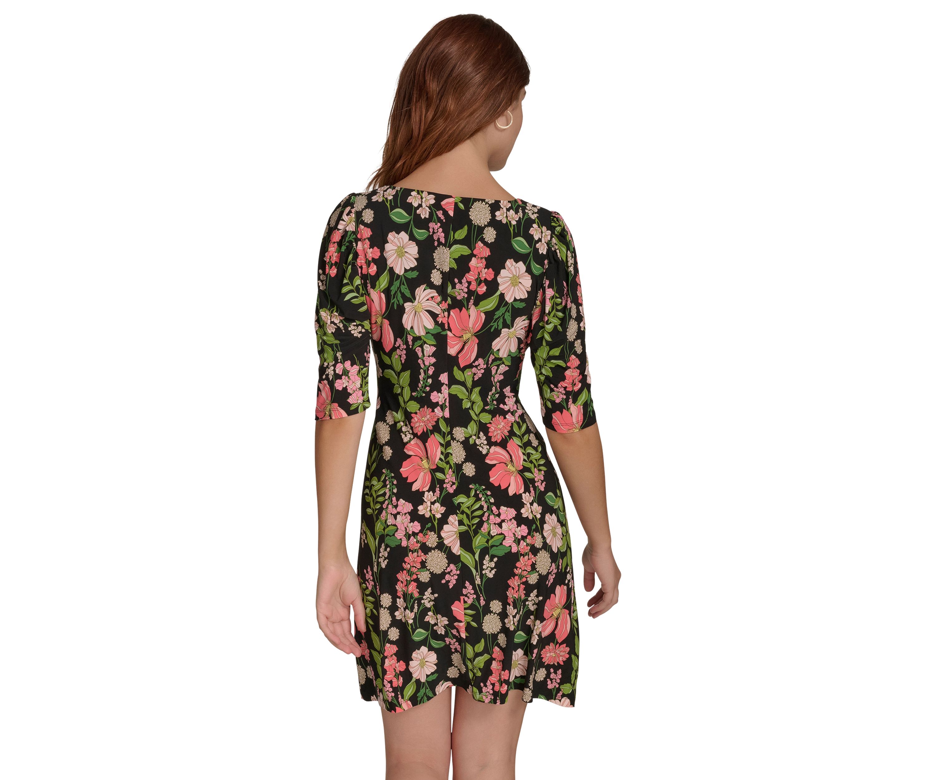 Womens Short Ruched Sleeve Floral Printed Jersey Shift Dress