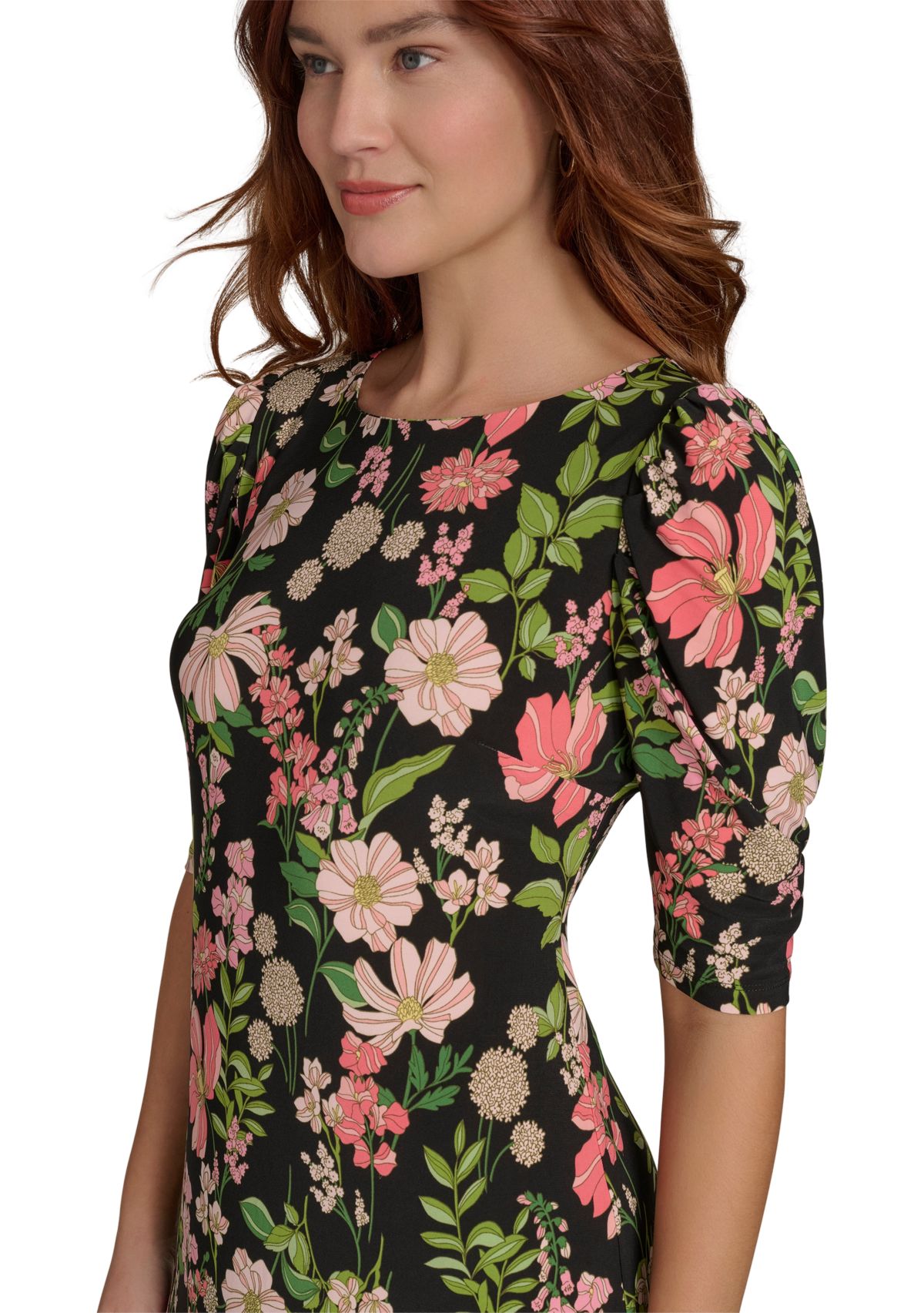 Womens Short Ruched Sleeve Floral Printed Jersey Shift Dress