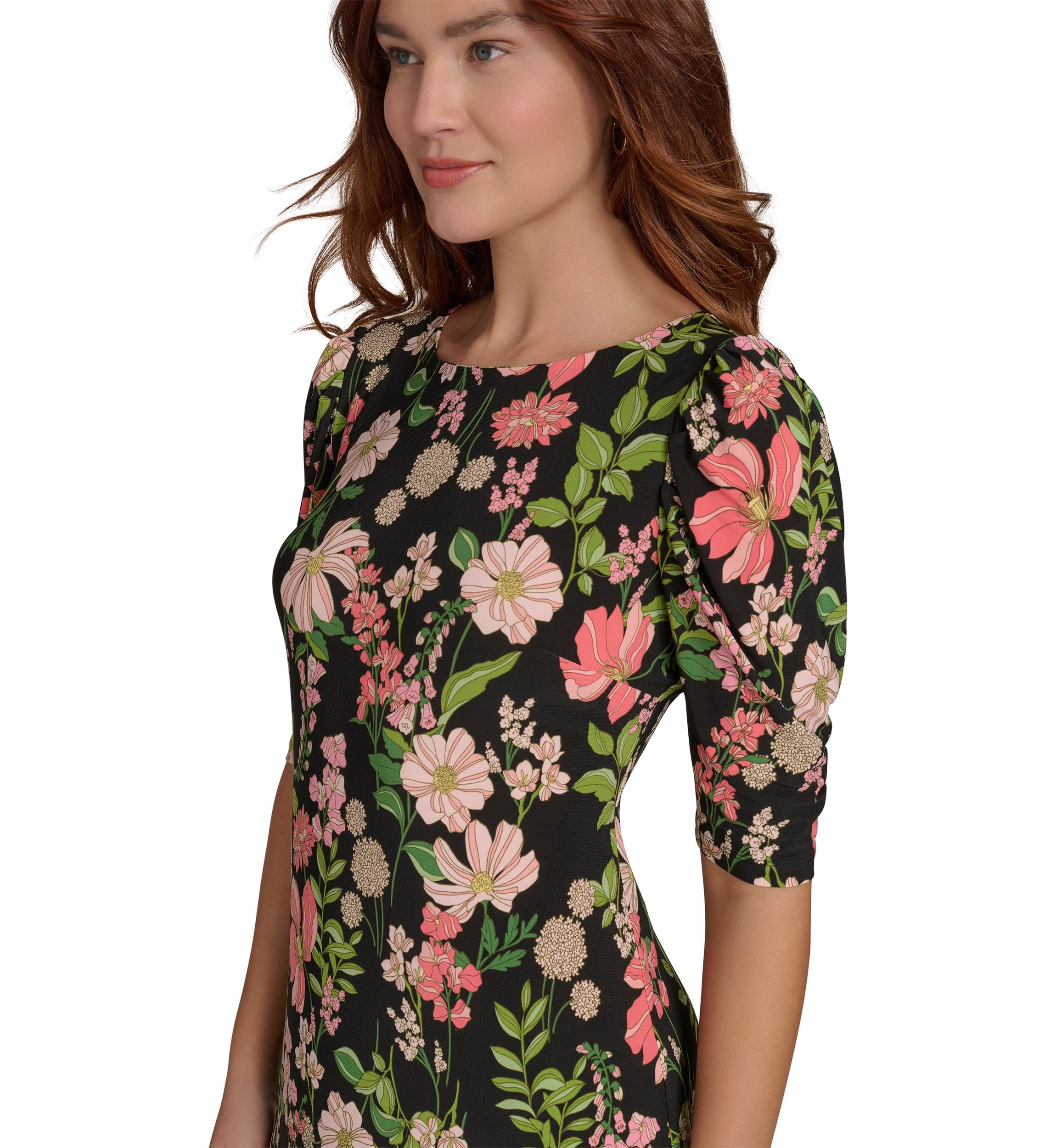 Womens Short Ruched Sleeve Floral Printed Jersey Shift Dress