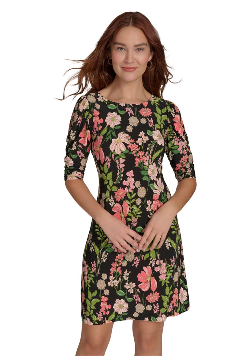 Womens Short Ruched Sleeve Floral Printed Jersey Shift Dress