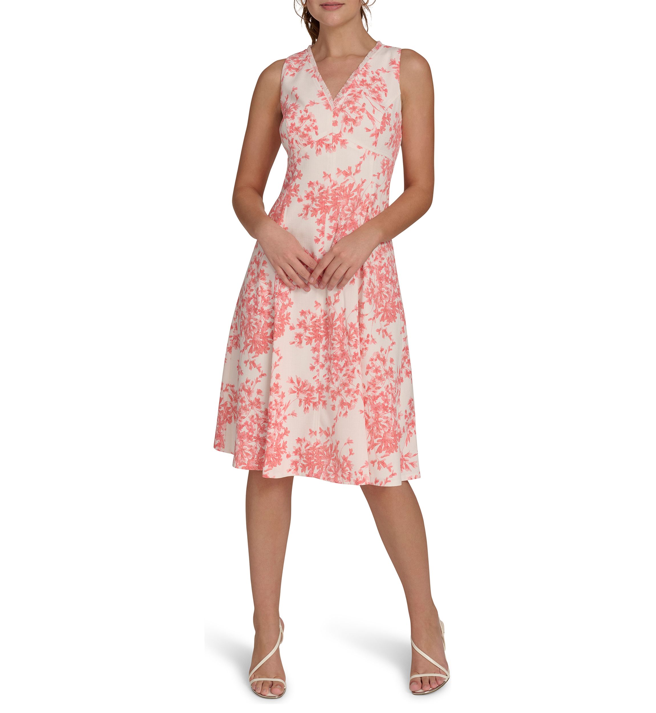 Womens Sleeveless V-Neck Hopsack Fit and Flare Dress with Fringe Trim