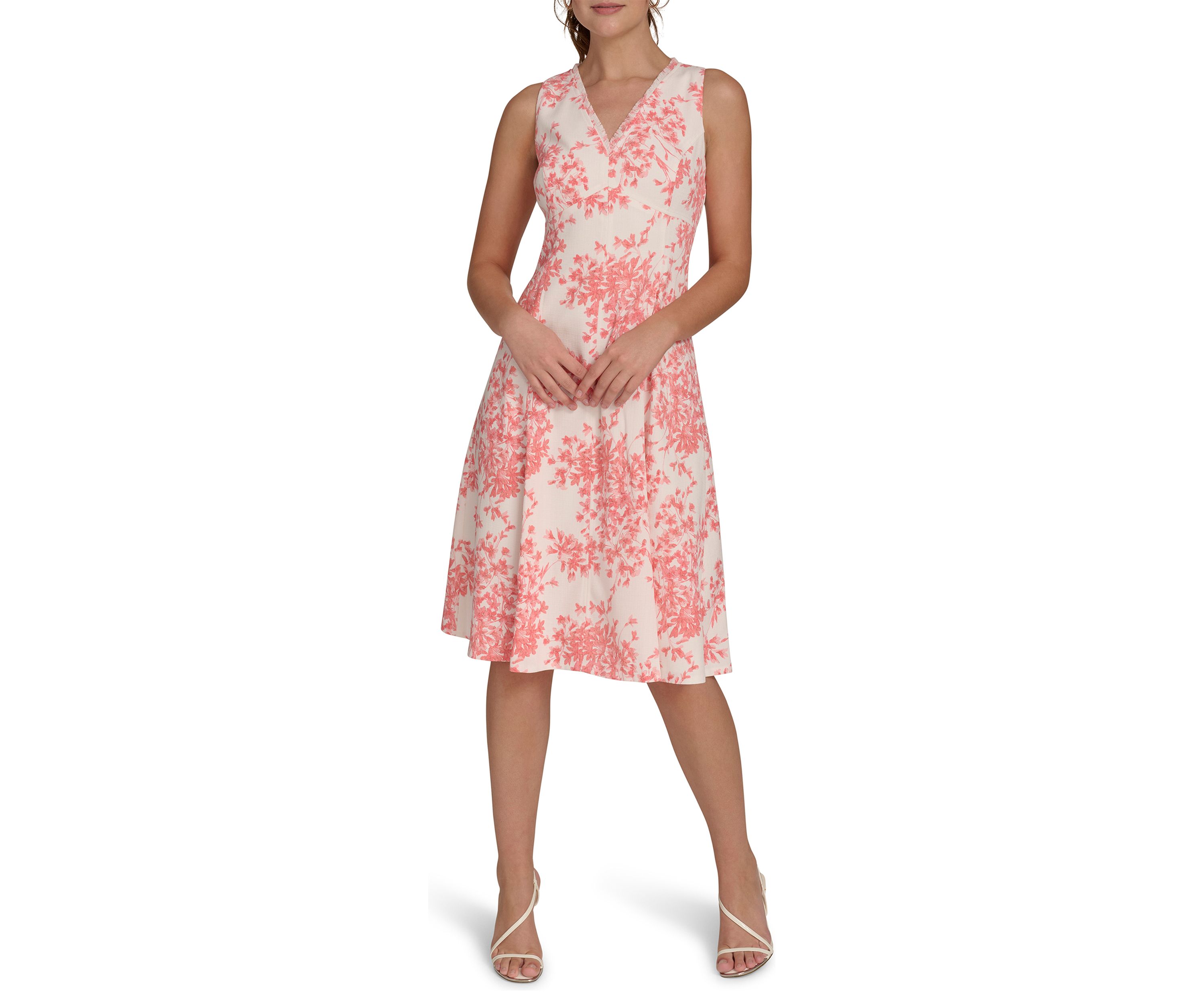 Womens Sleeveless V-Neck Hopsack Fit and Flare Dress with Fringe Trim