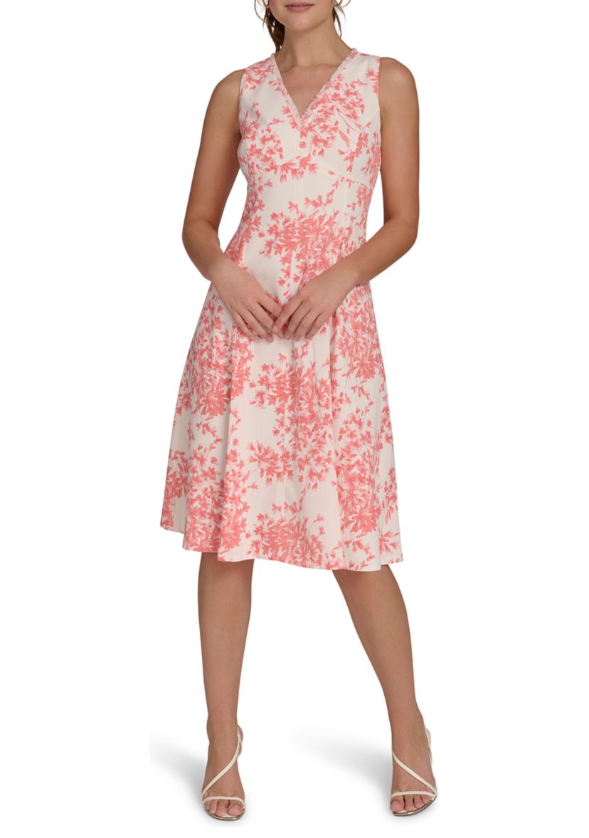 Womens Sleeveless V-Neck Hopsack Fit and Flare Dress with Fringe Trim