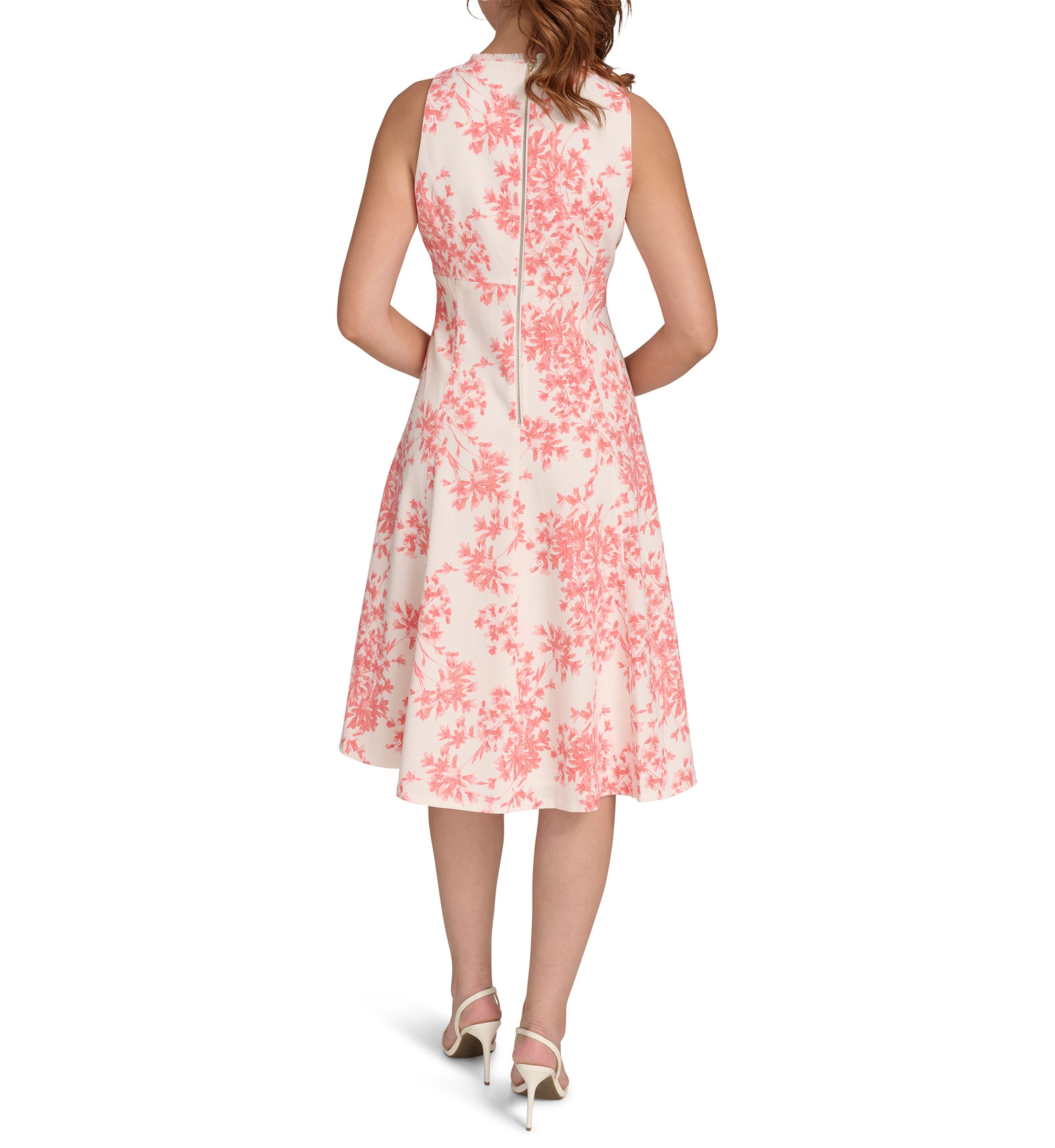 Womens Sleeveless V-Neck Hopsack Fit and Flare Dress with Fringe Trim
