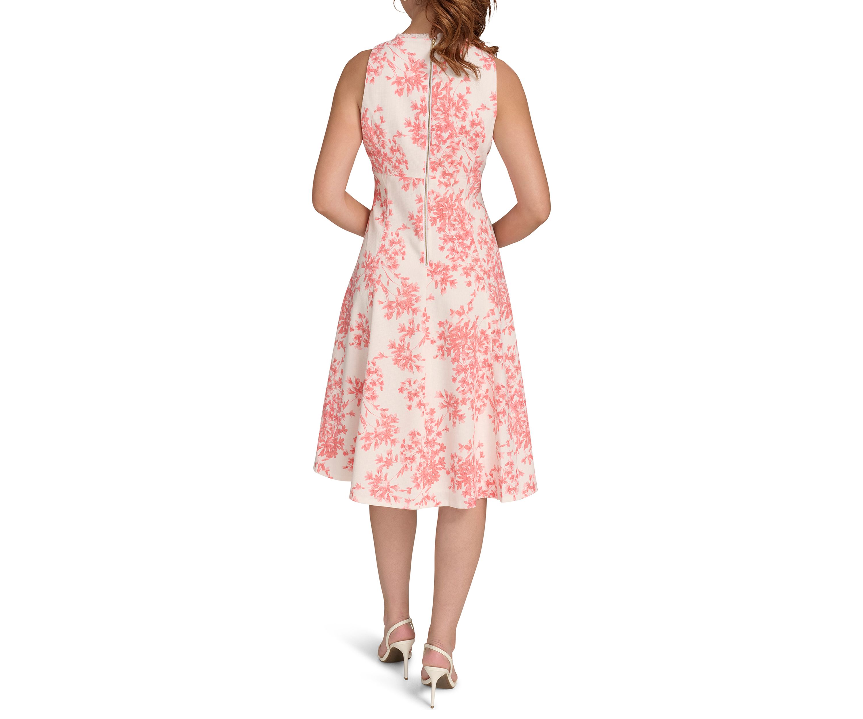 Womens Sleeveless V-Neck Hopsack Fit and Flare Dress with Fringe Trim