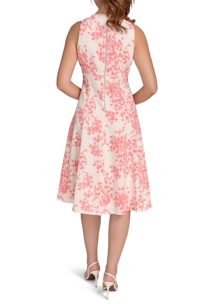 Womens Sleeveless V-Neck Hopsack Fit and Flare Dress with Fringe Trim