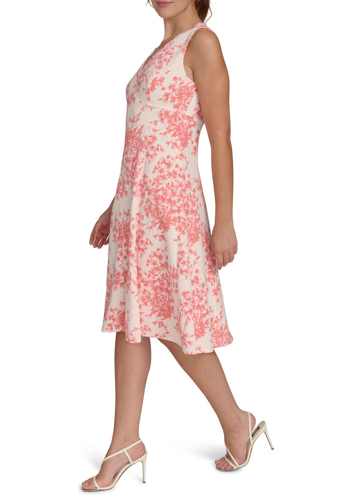 Womens Sleeveless V-Neck Hopsack Fit and Flare Dress with Fringe Trim