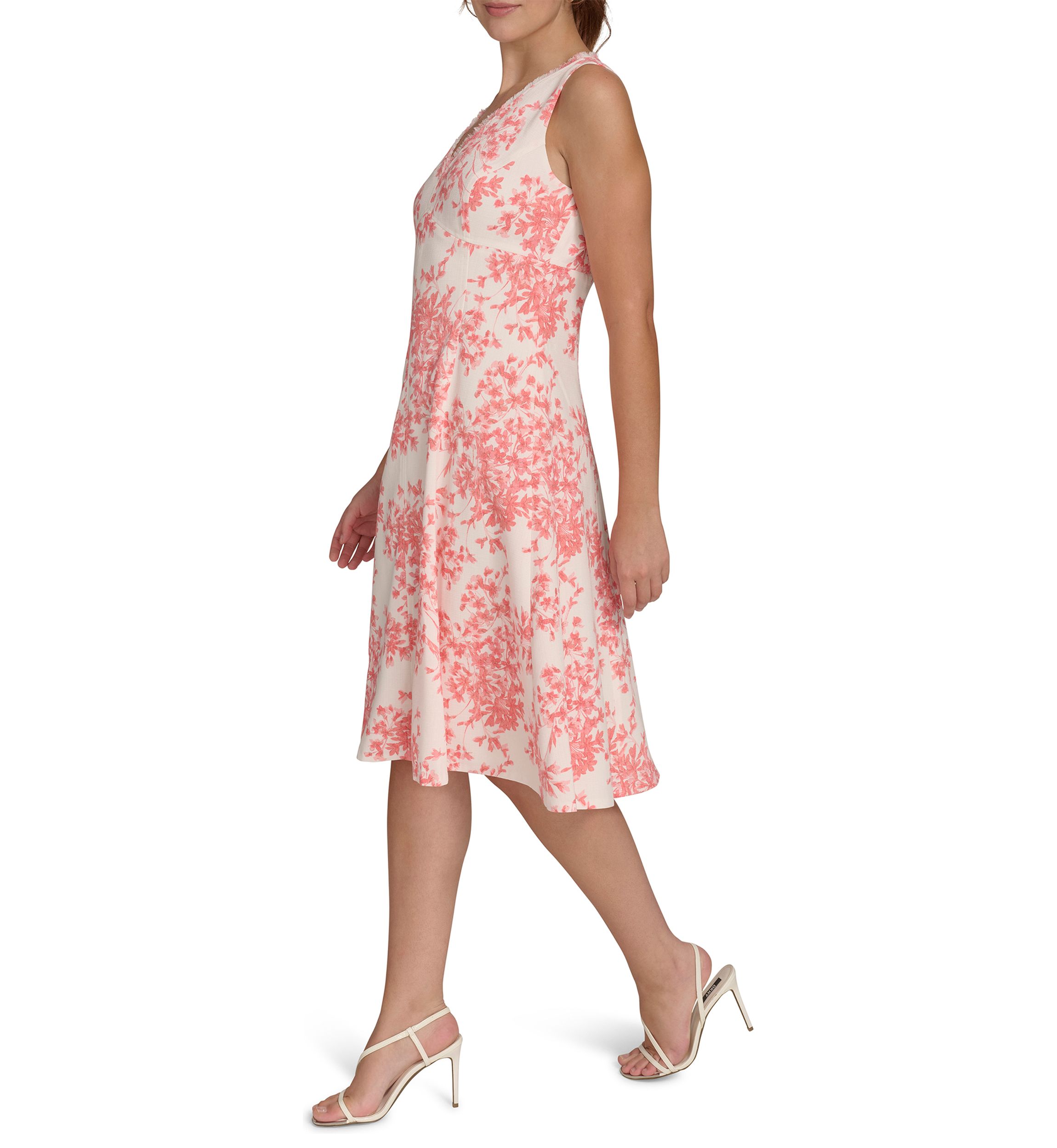 Womens Sleeveless V-Neck Hopsack Fit and Flare Dress with Fringe Trim