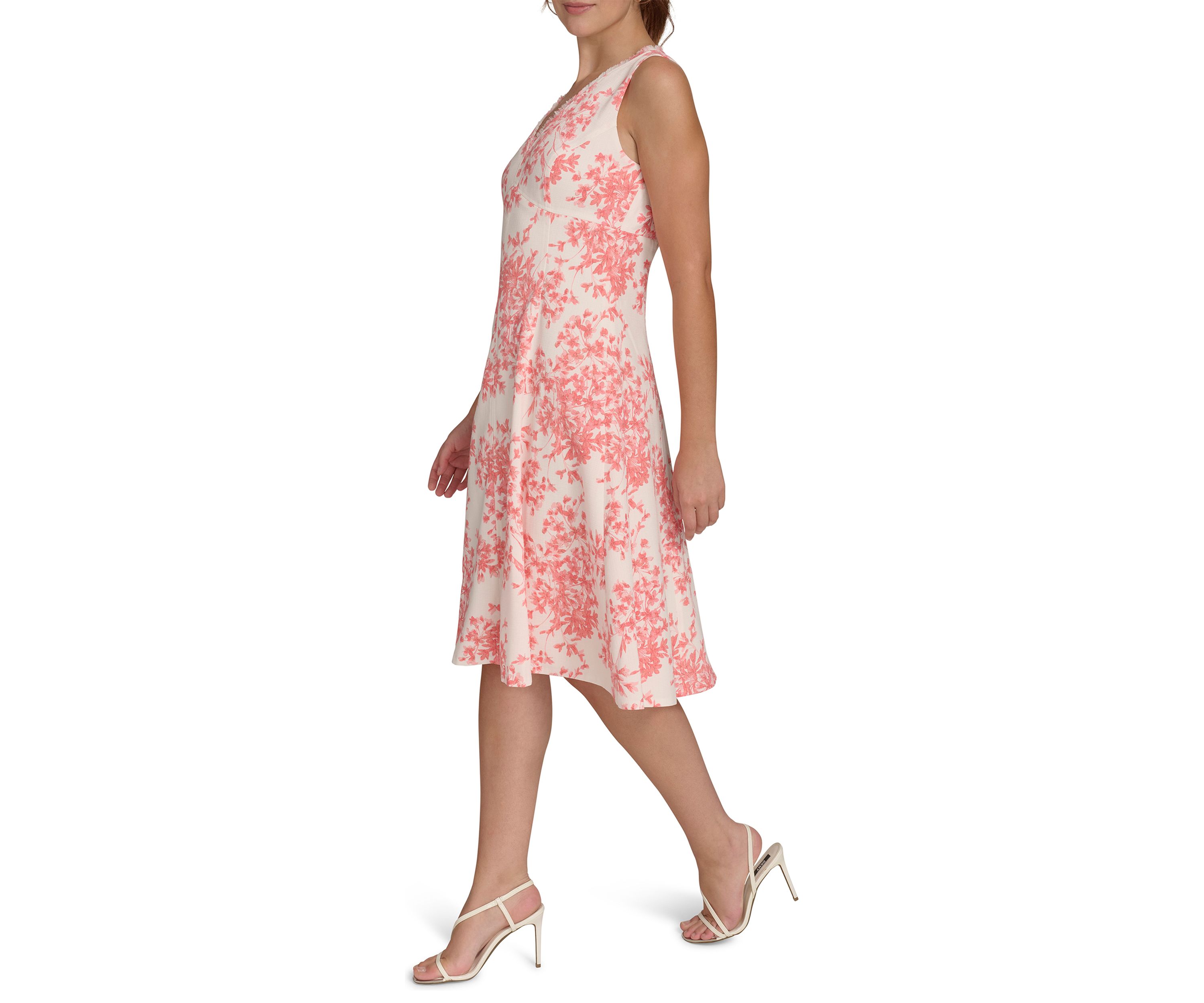Womens Sleeveless V-Neck Hopsack Fit and Flare Dress with Fringe Trim