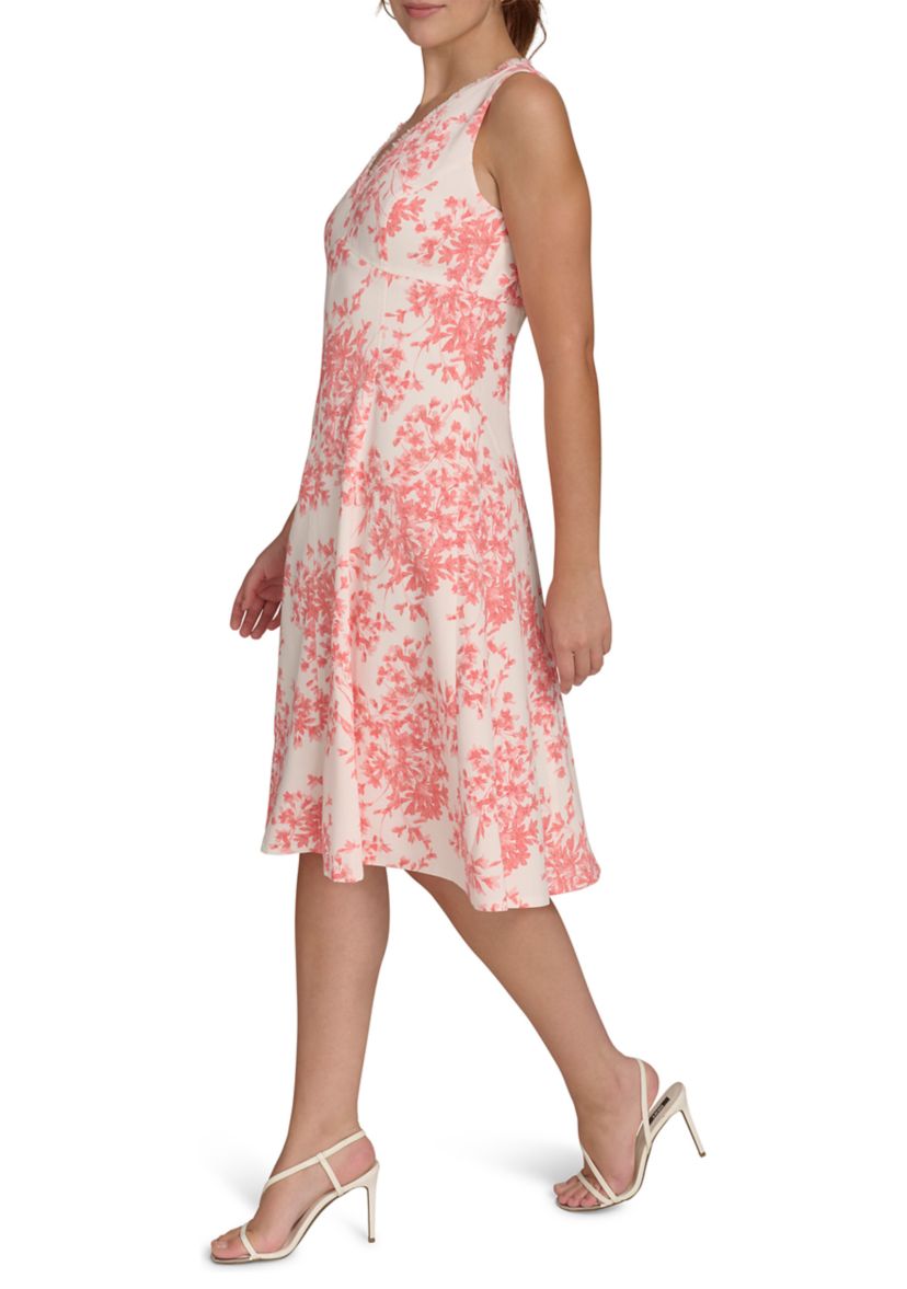 Womens Sleeveless V-Neck Hopsack Fit and Flare Dress with Fringe Trim