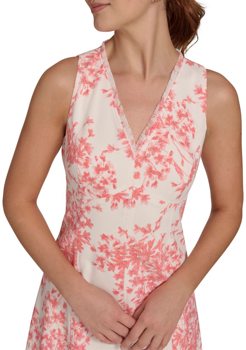 Womens Sleeveless V-Neck Hopsack Fit and Flare Dress with Fringe Trim