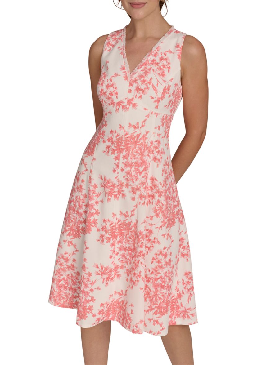Womens Sleeveless V-Neck Hopsack Fit and Flare Dress with Fringe Trim