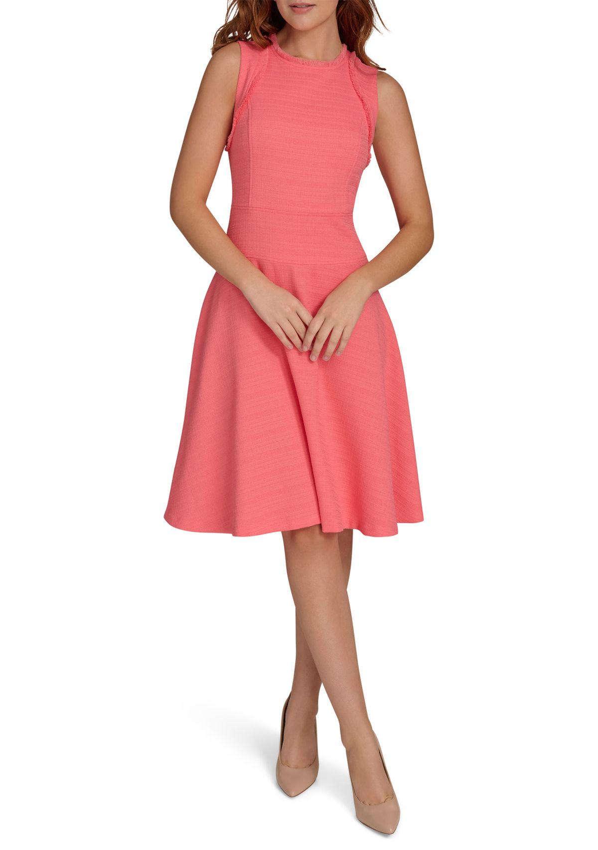 Womens Sleeveless Hopsack Fit and Flare Dress with Fringe Trim